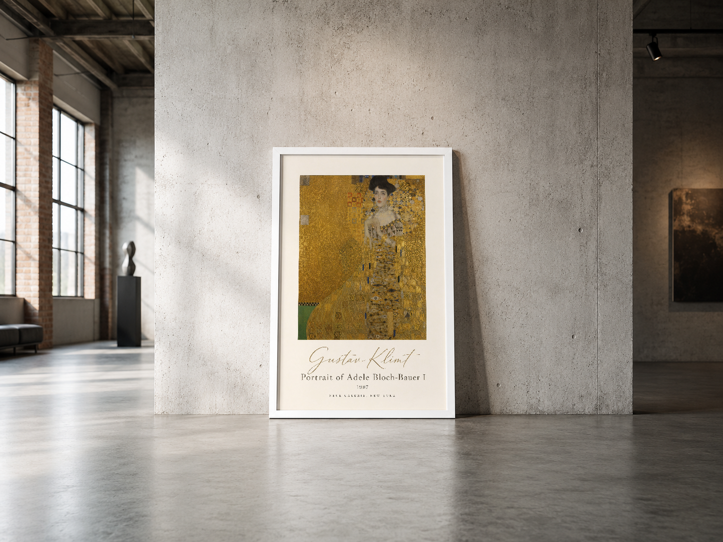 Usta ressam Klimt'in ikonik golden portresi, beyaz çerçeveli poster olarak endüstriyel tarzı alanı zarif sanatla