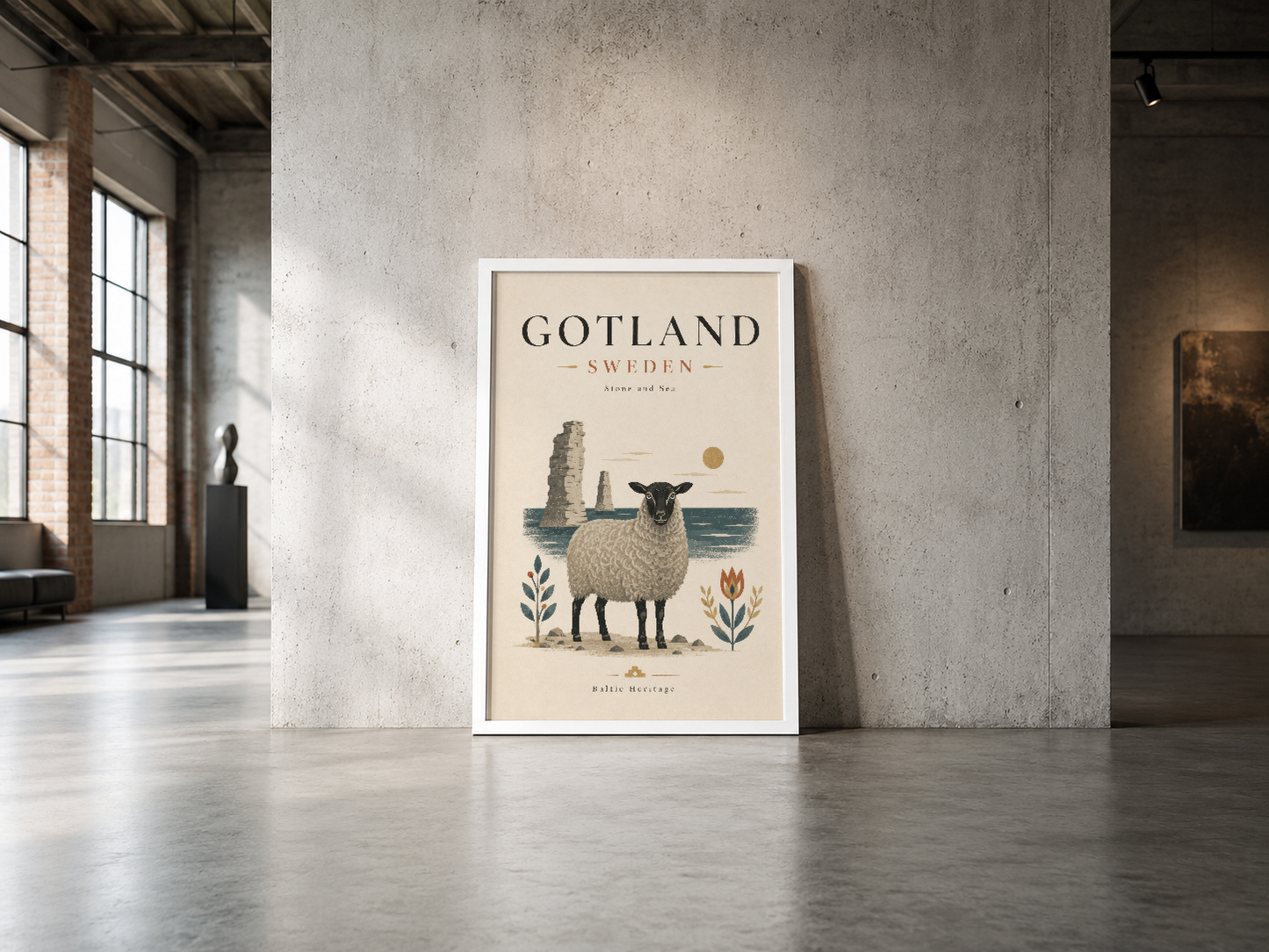 Gotland İsveç posteri, koyun figürü ve taş kulesiyle nordic estetik çizim tablosu.