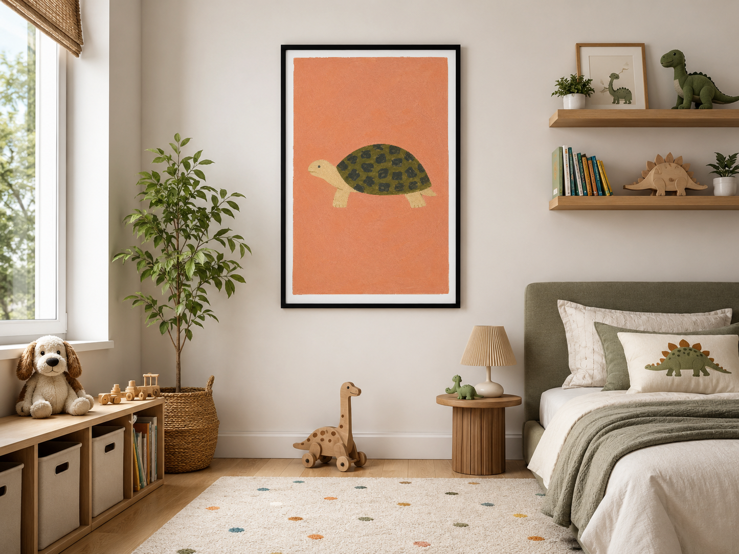 Siyah çerçeveli kaplumbağa illüstrasyonu, modern yaşam alanında bitki ve kitap raflarının arasında asılı dekoratif poster.