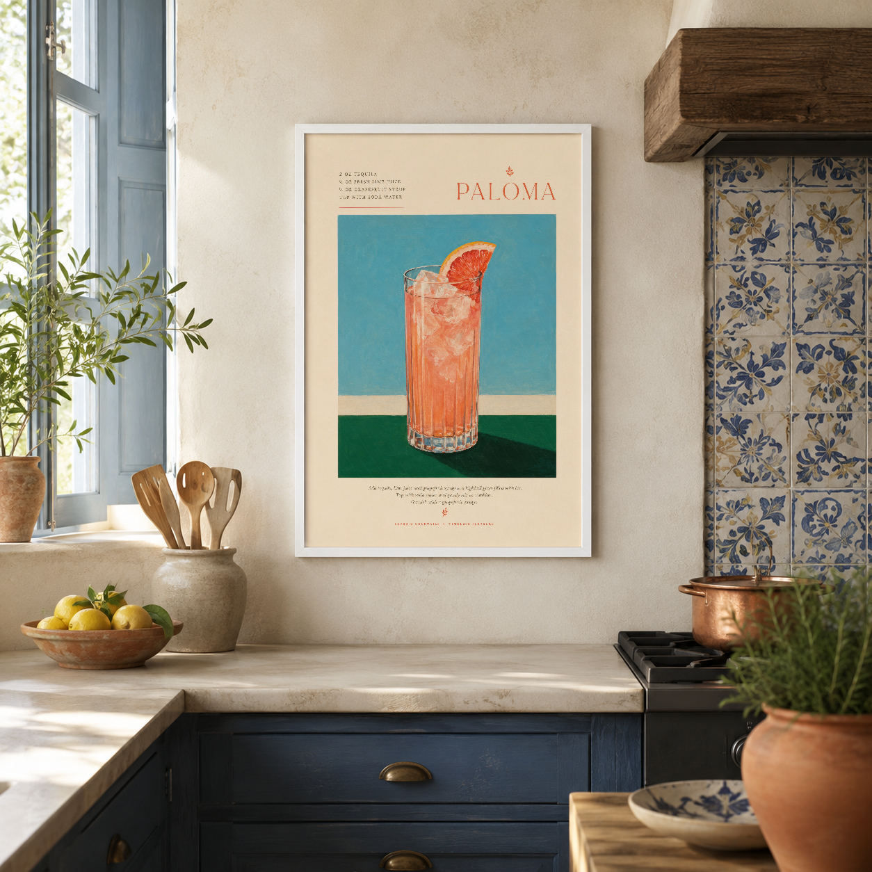 Sanat deco tarzı Paloma içecek posteri, beyaz çerçeve içinde, şık mutfak dekorasyonunda duvar sanatı olarak yer alan tasarım.