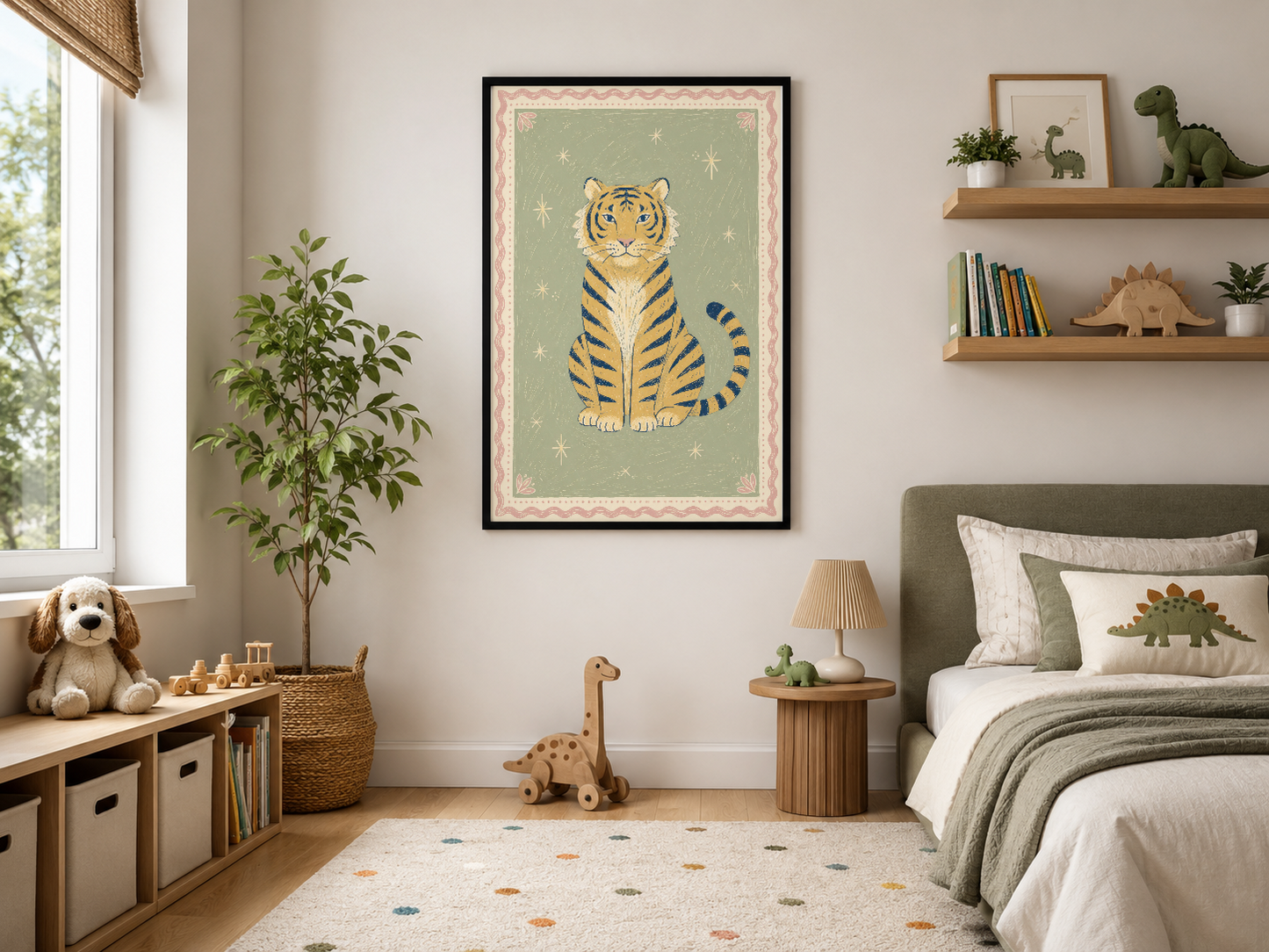 Siyah çerçeveli, yeşil arka plana karşı oturan kaplan motifini taşıyan minimalist ve dekoratif duvar sanatı.
