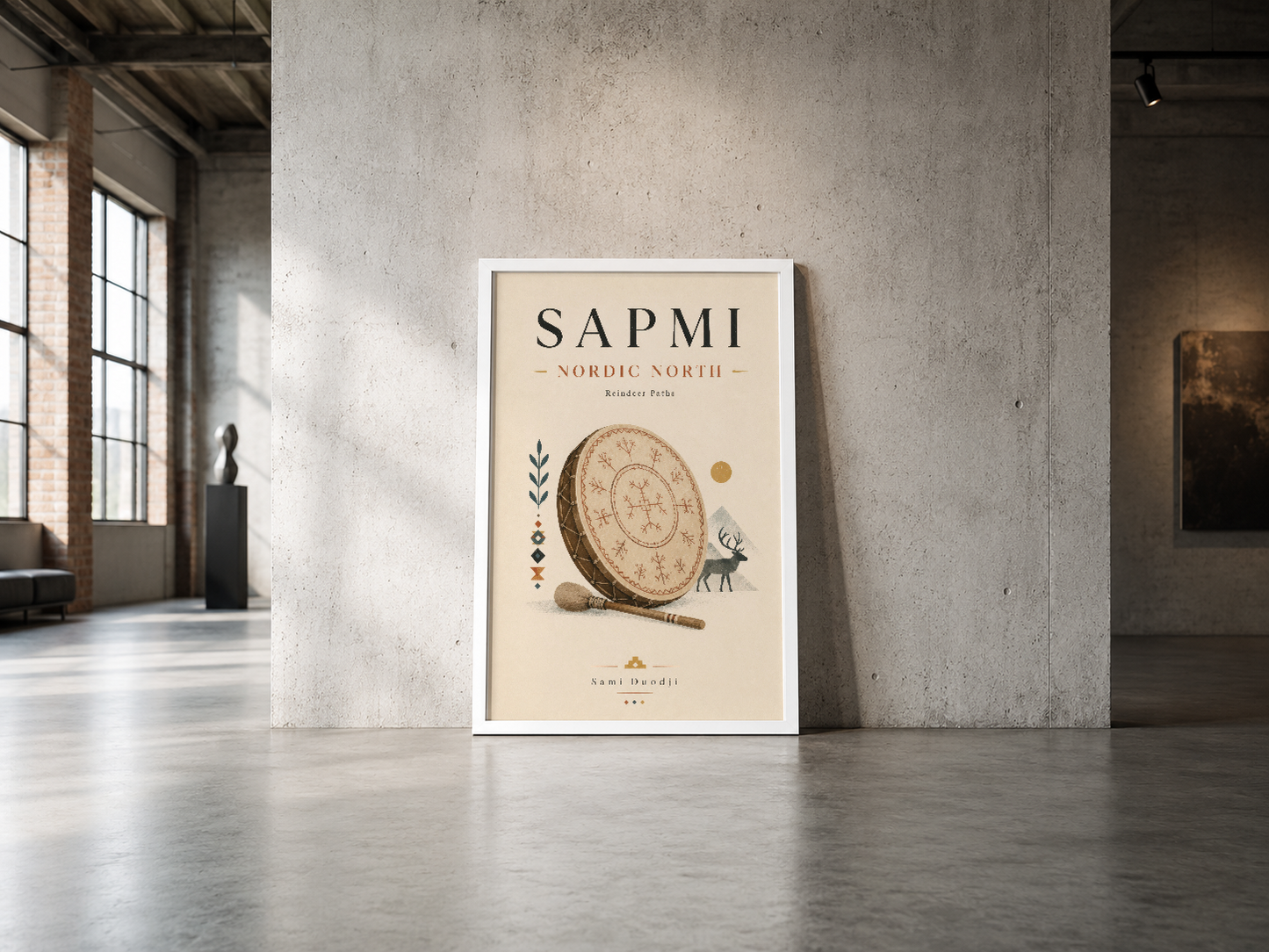 Sapmi Nordic North posteri, Sami kültürü ilhamı, nötr ton, endüstriyel minimalist alanda.