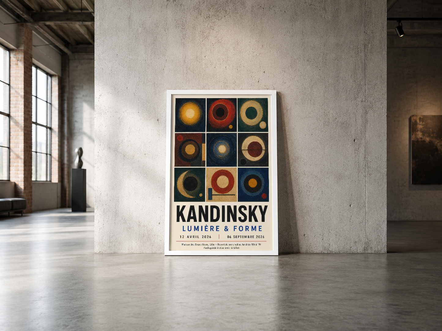 Kandinsky Lumière & Forme sergisi posteri, beyaz çerçevede, endüstriyel betonlu mekanda minimalist dekorasyon olarak duruyor.