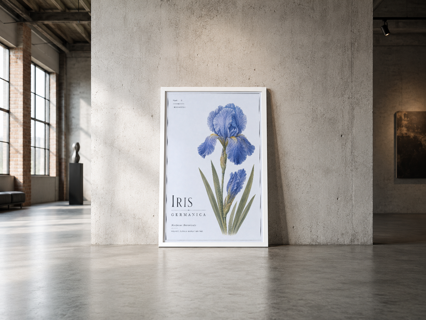 Iris germanica tablosu beyaz çerçevede, endüstriyel beton duvarla modern galeri ortamında.