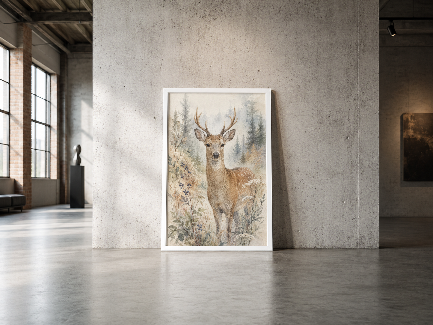 Boynuzlu geyiğin doğal ve sakin sahnesi, beyaz çerçeveli poster tasarımıyla modern mekanları başarıyla tamamlar.