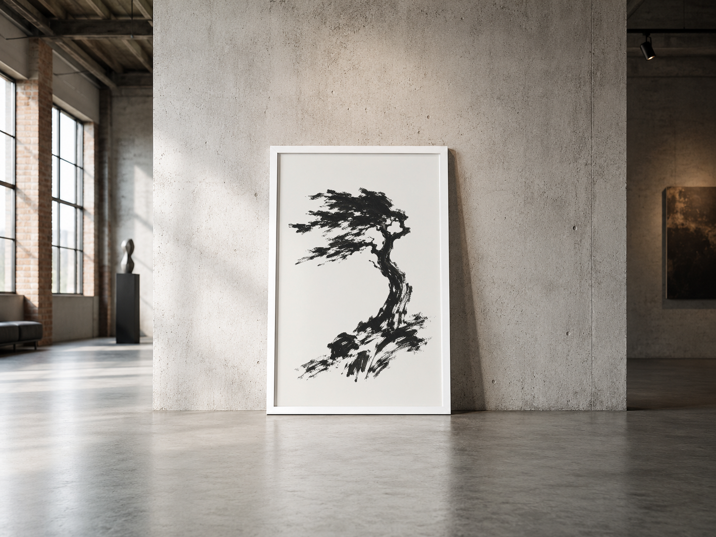 Siyah çizgilerle işlenmiş bonsai ağacı tasarımı, beyaz çerçeveli poster, endüstriyel loft alanında.