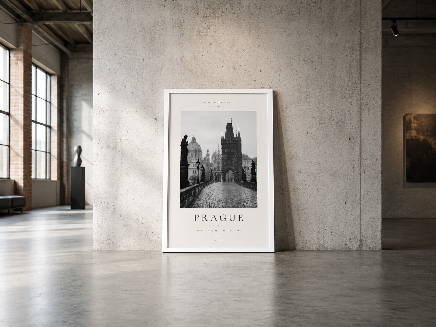 Tarihi Prag şehrini konu alan minimalist poster, beyaz çerçeve içinde modern endüstriyel mekanda.