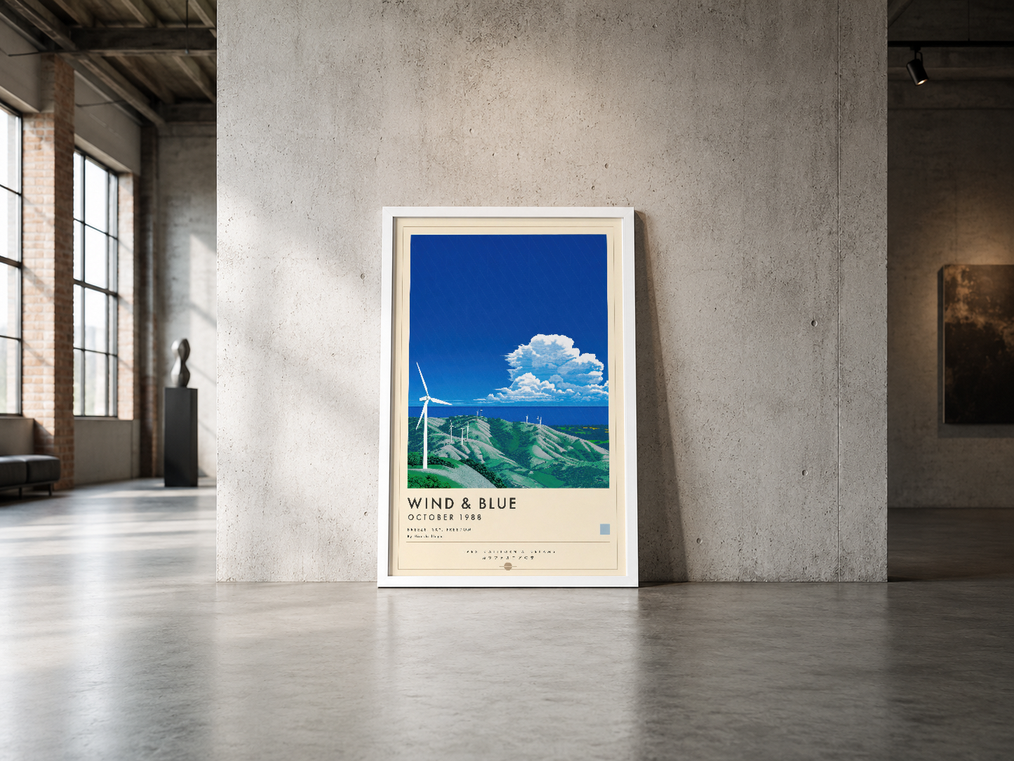 Yeşil dağlar ve beyaz rüzgar türbini görseli içeren vintage tarzı poster, geniş endüstriyel mekanda sanat eseri olarak
