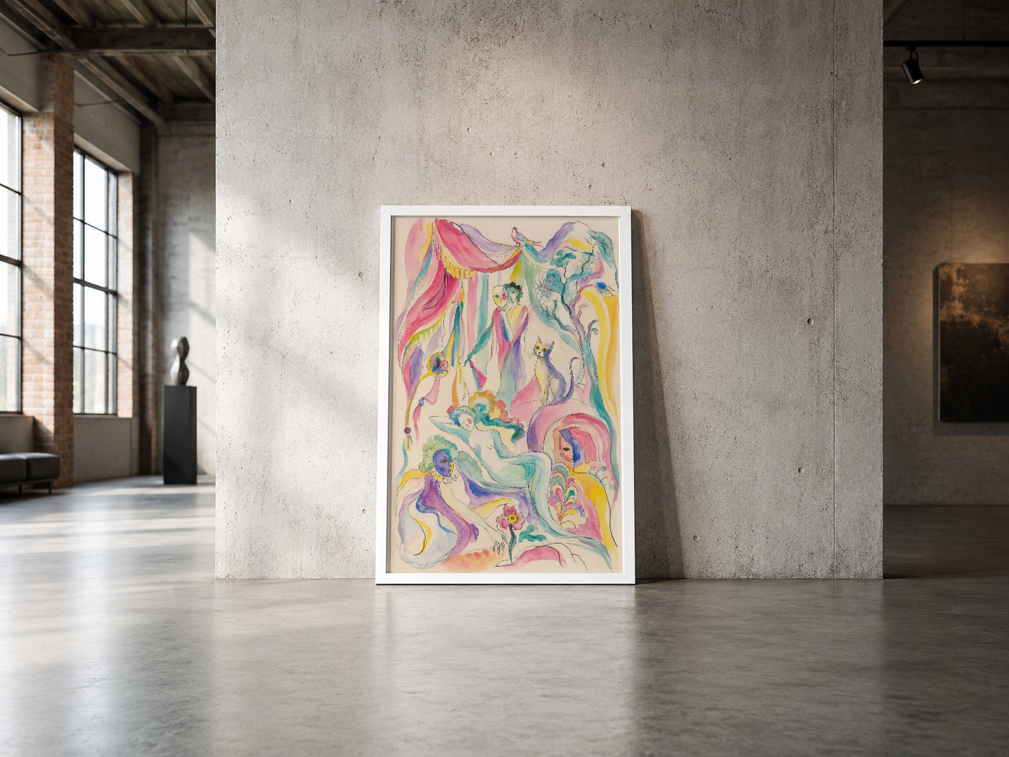 Pastel tonlarında dansçı figürleri ve dekoratif öğeleri içeren renkli poster, endüstriyel tarzı mekanda zarif bir kontrastlık