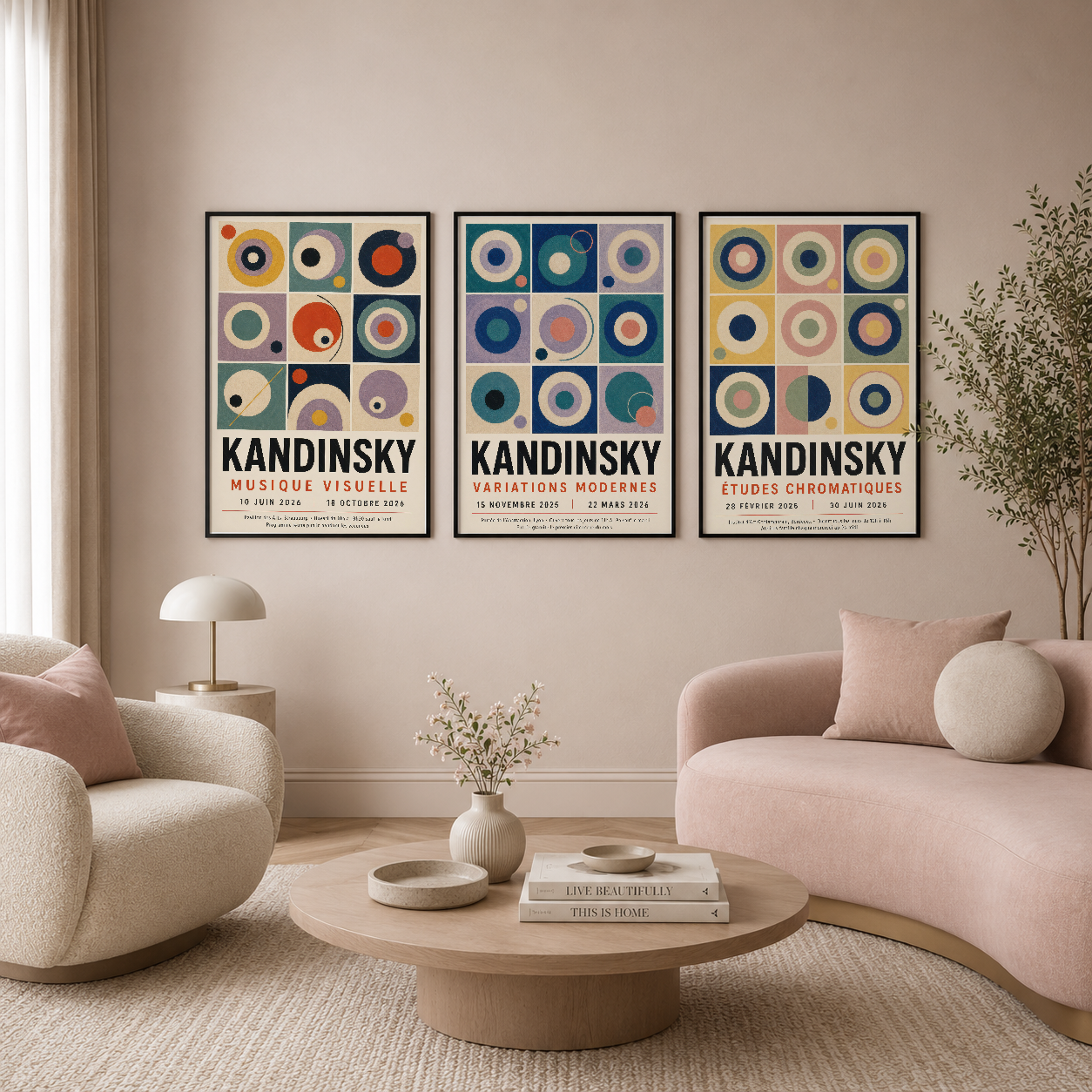 Kandinsky müzik ve renk çalışmalarının afişleri, çağdaş oturma odasında minimalist elegans ve sanatsal karakter katan üçlü