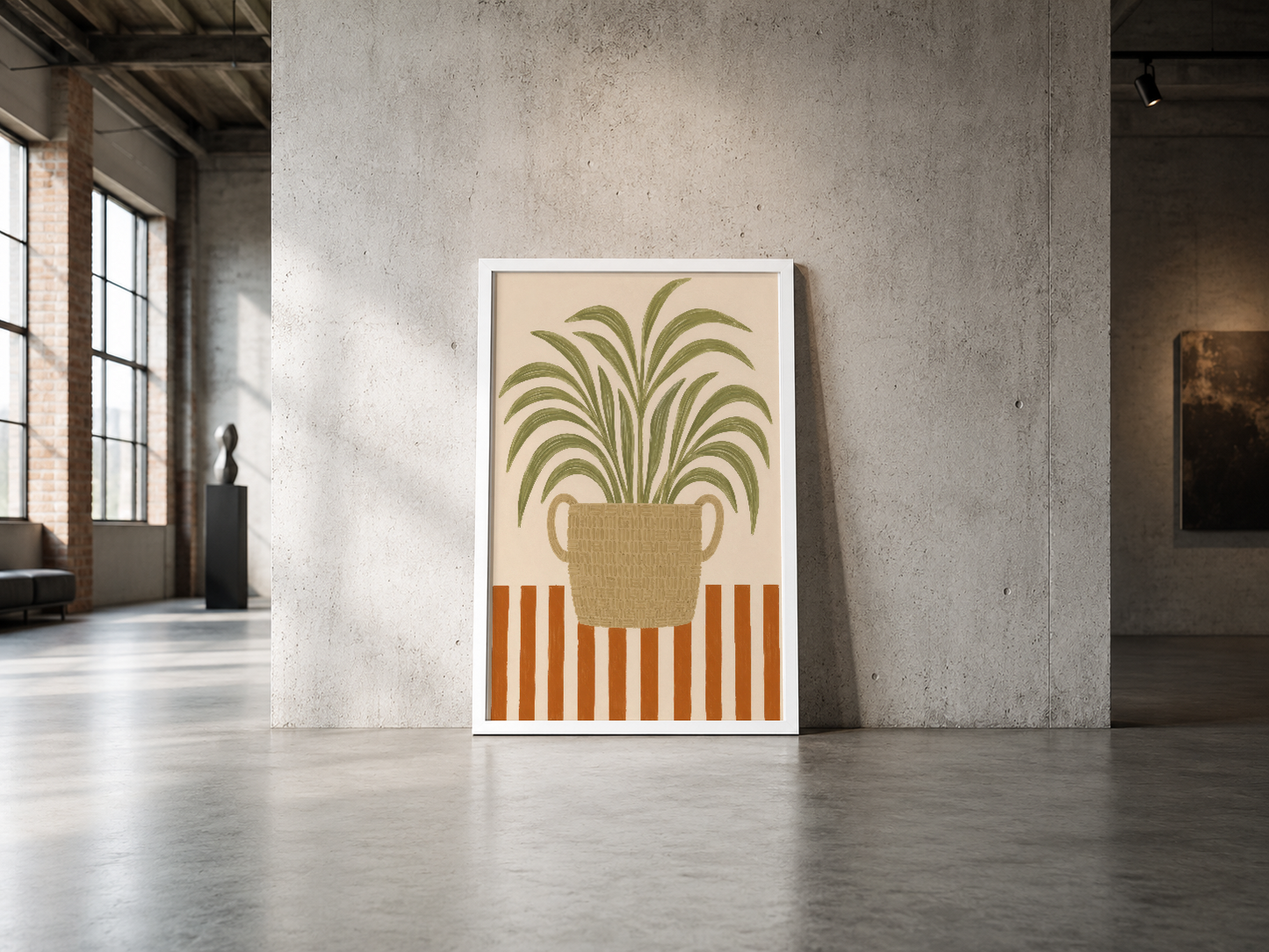 Minimalist tasarımla, endüstriyel alanlarda sergilenen retro bitki motifli çerçeveli poster.