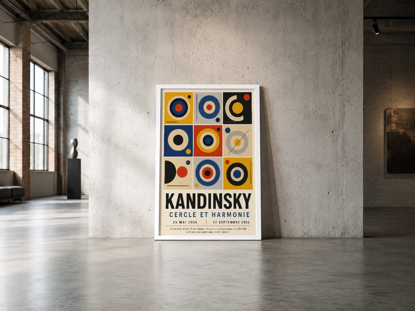 Kandinsky Cercle et Harmonie posterinin beyaz çerçeveli versiyonu, endüstriyel mekanda modern sanat atmosferi yaratıyor.