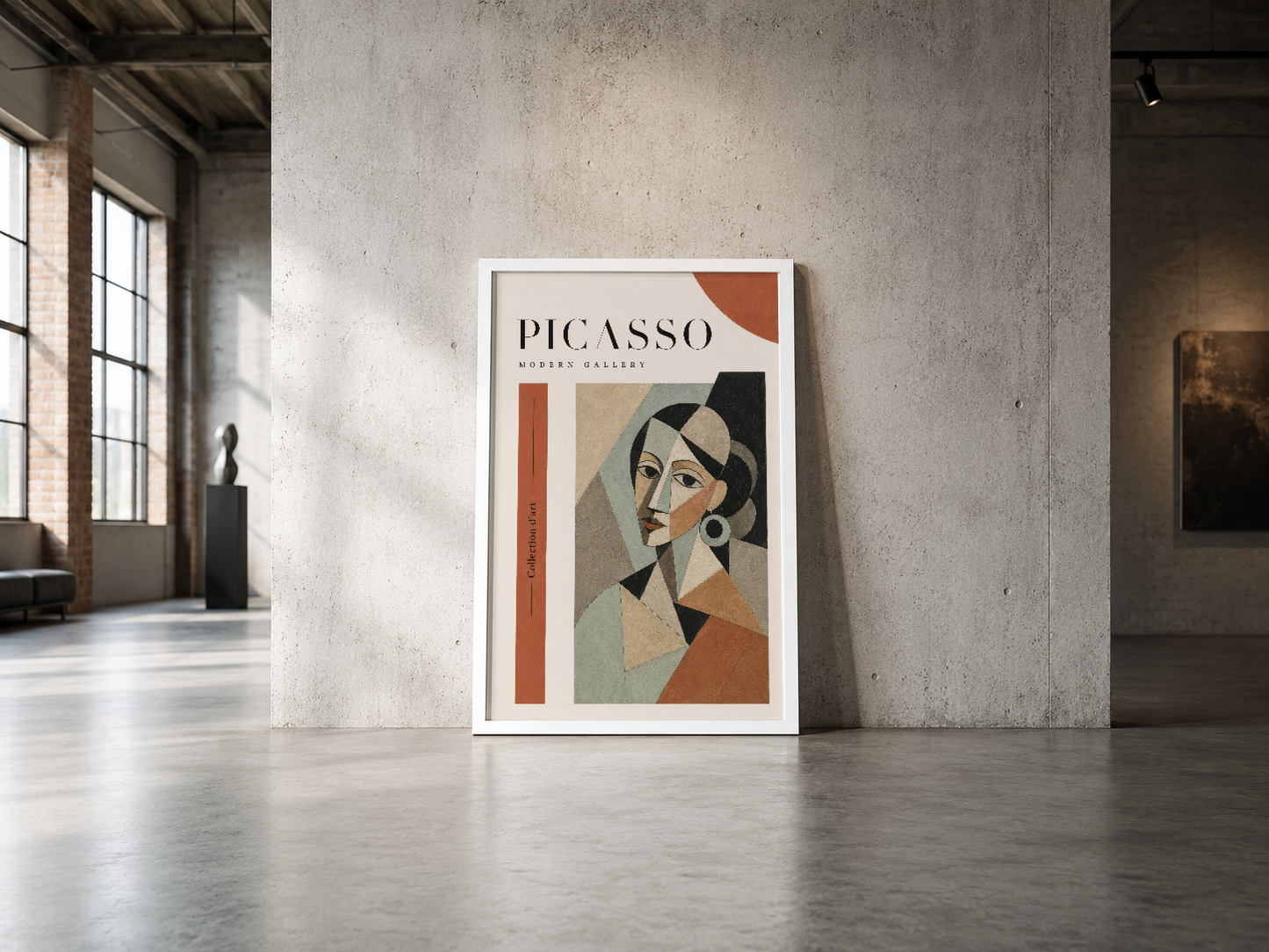 Picasso Modern Gallery posteri, geometrik portre tasarımı siyah çerçeveli, endüstriyel loft alanında contemporary duvar