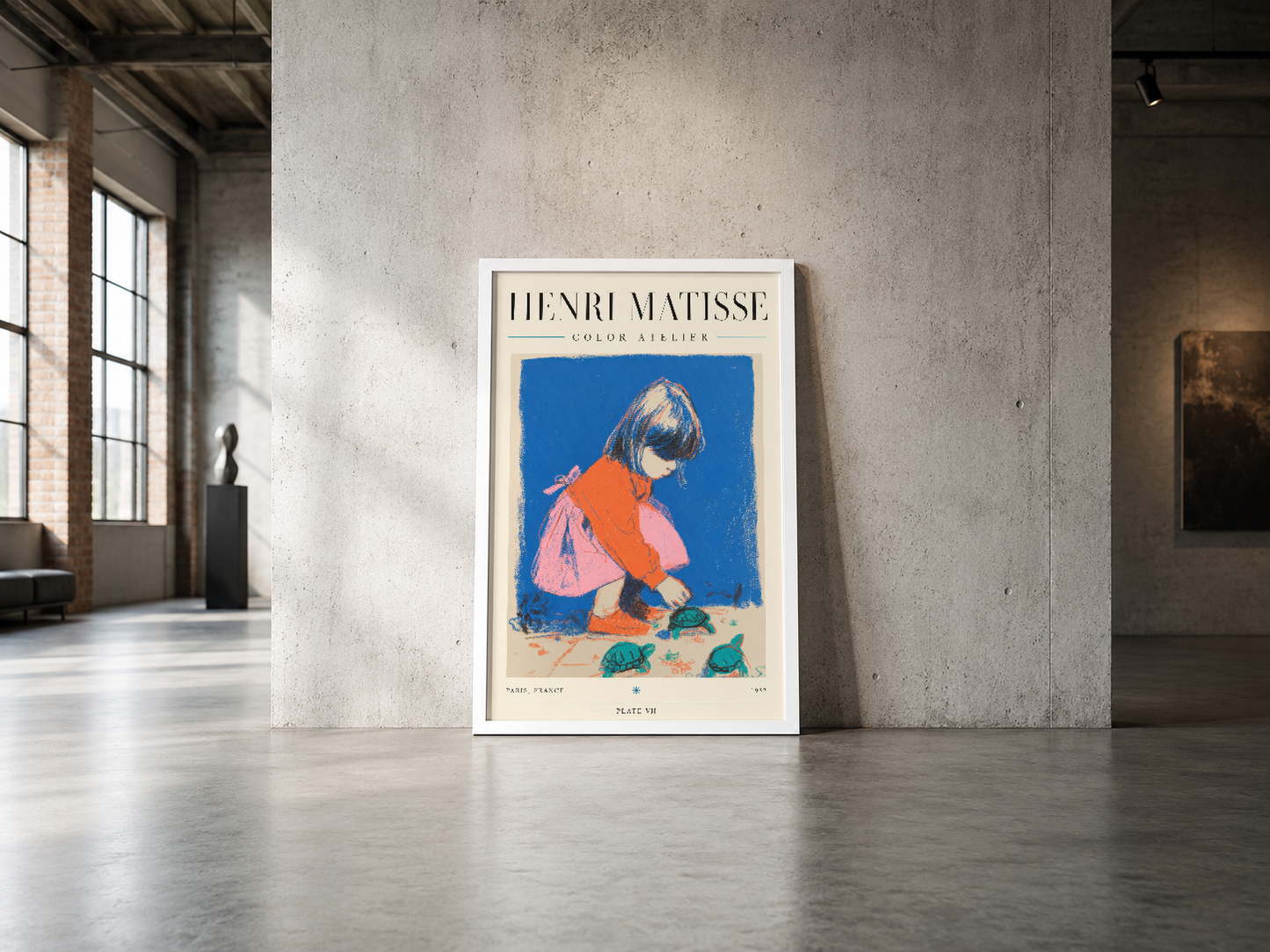 Modern industrial alanda duran Matisse posteri, beyaz çerçevesi ve canlı turuncu-pembe renkleriyle dikkat çekiyor.