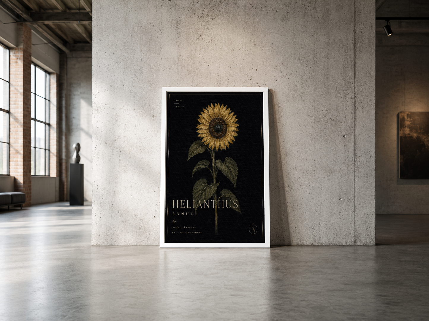 Helianthus ayçiçeği tablosu beyaz çerçeveli, endüstriyel loft tarzı betonla aydınlık bir mekanda.