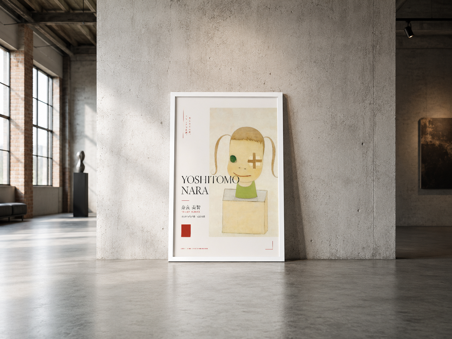 Yoshitomo Nara sanat eseri, beyaz çerçeveli poster, endüstriyel mekanda minimal dekorasyon aksanı olarak konumlandırılmış.