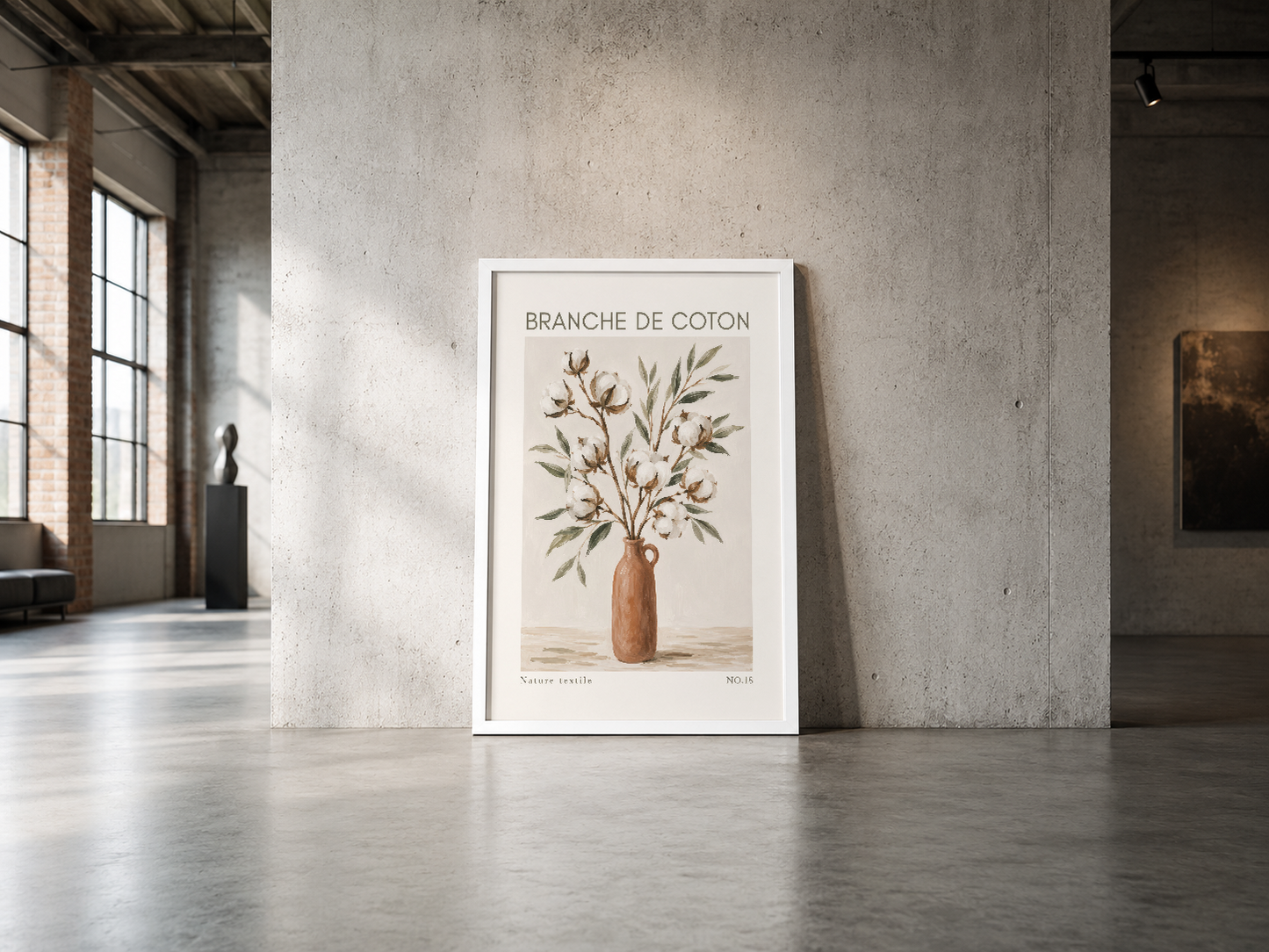 Beyaz çerçeveli, botanik tarzı pamuk dalı posteri, endüstriyel mekanın minimalist duvar sanatı.