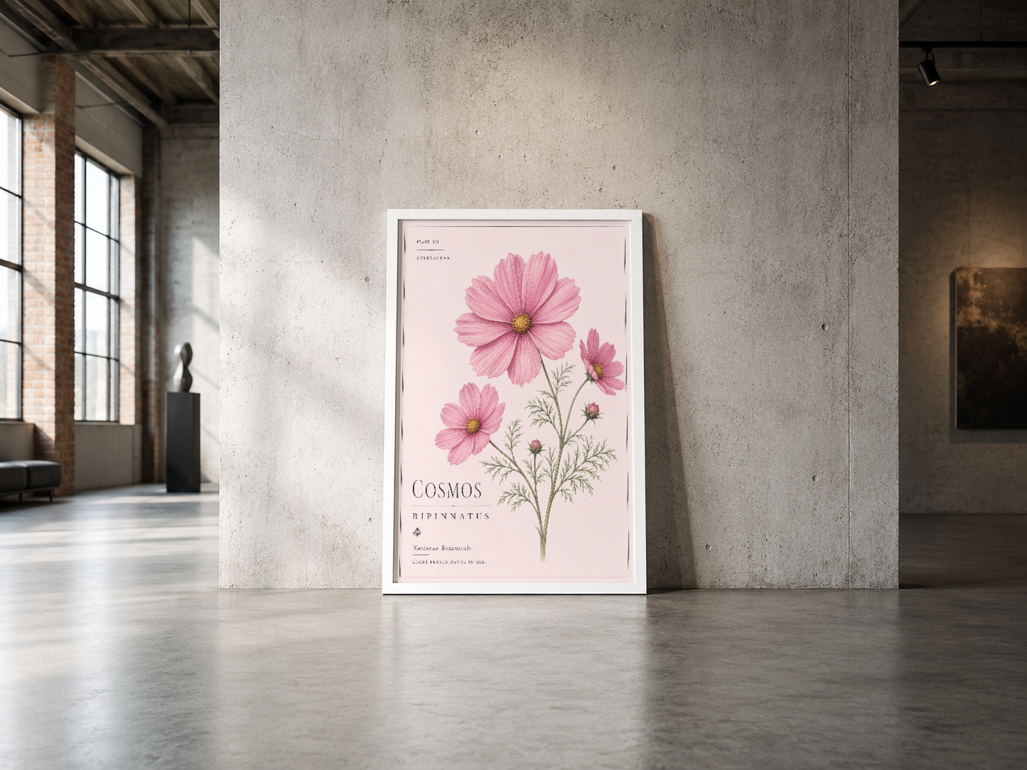 Pastel pembe tonlarında cosmos çiçek görselli modern poster, beyaz çerçeveli sunum.