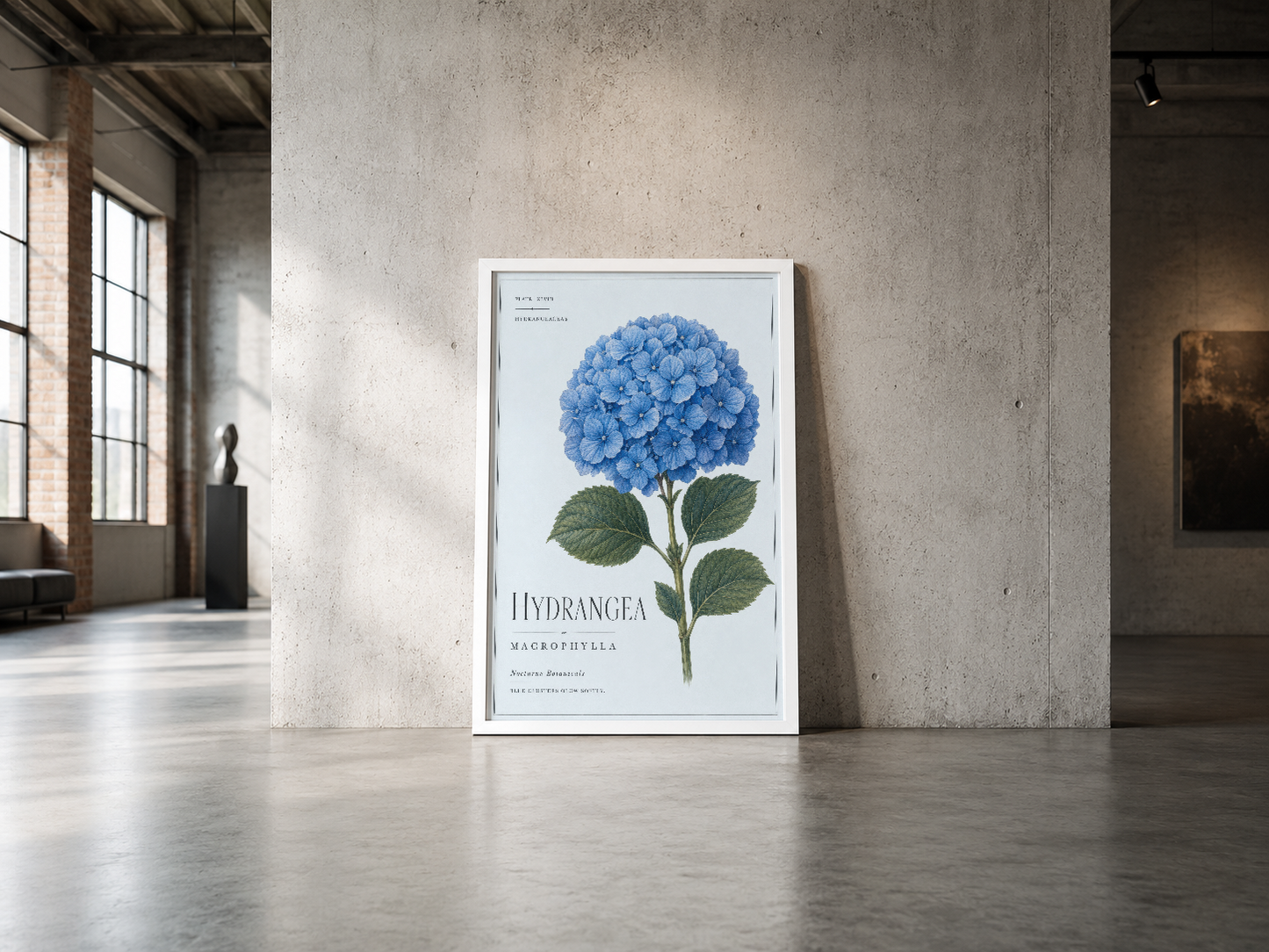 Hydrangea macrophylla tasarımı, beyaz çerçeveli poster endüstriyel alanın minimalist duvarında.