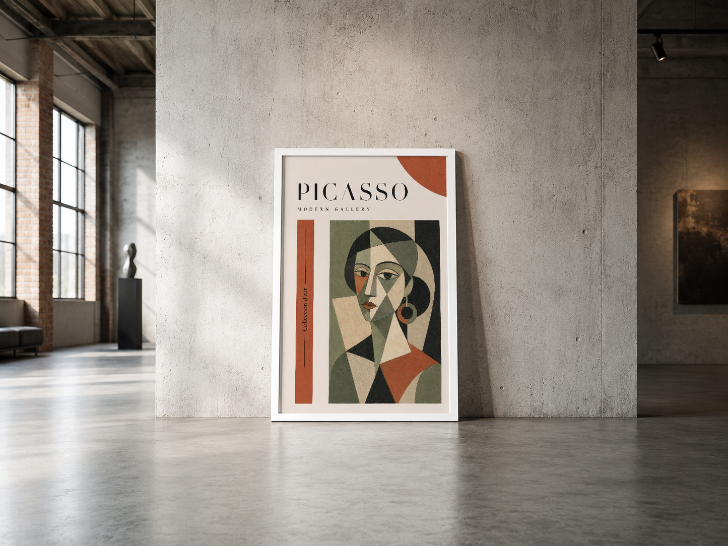 Picasso Modern Gallery afişi, soyut portre resmi, cesur sanat galeri posteri, turuncu açık renkleri, endüstriyel mekânda