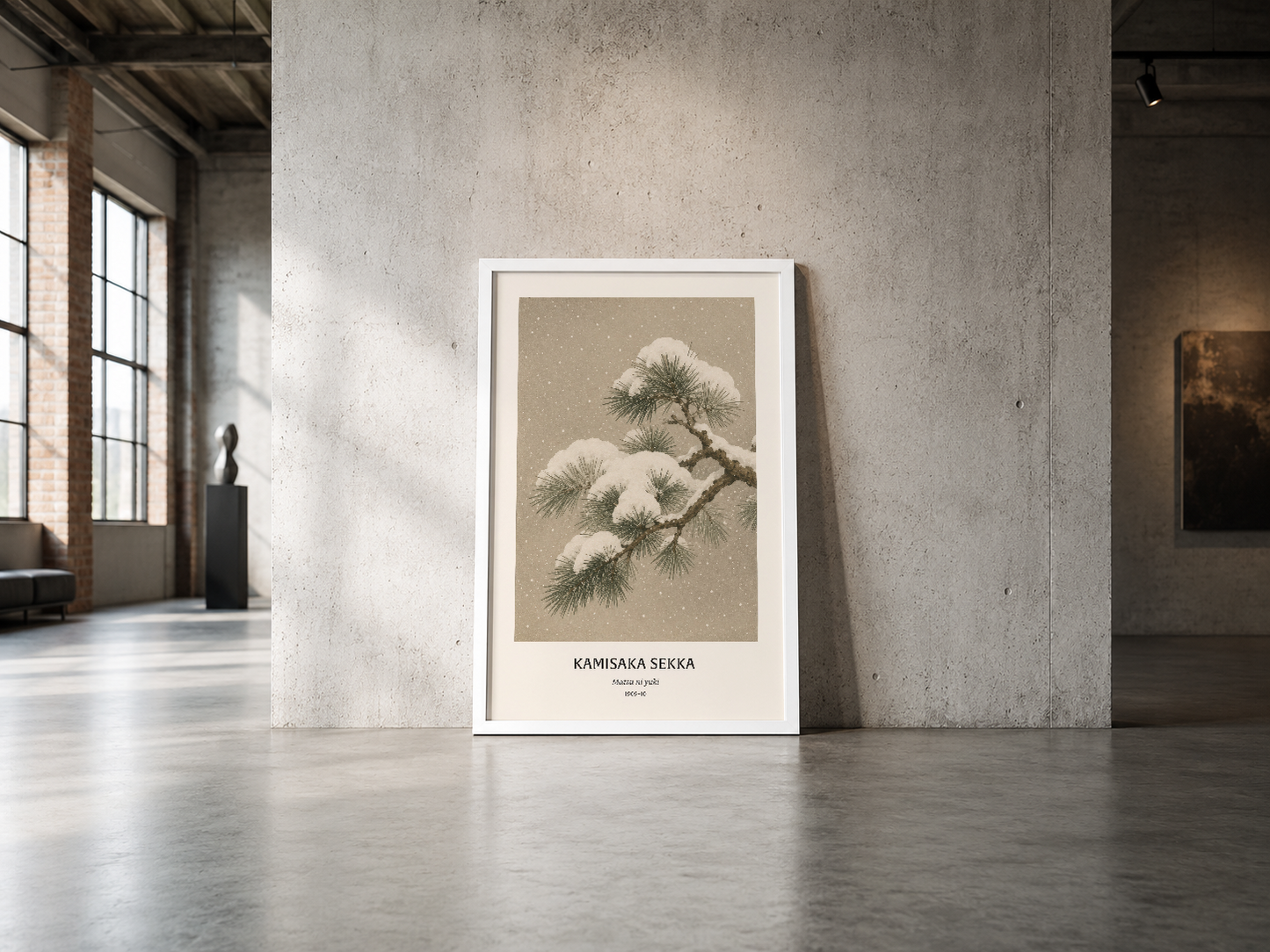 Kar motifli doğa temalı Kamisaka Sekka poster, endüstriyel mekanda beyaz çerçevede durduğu haliyle.