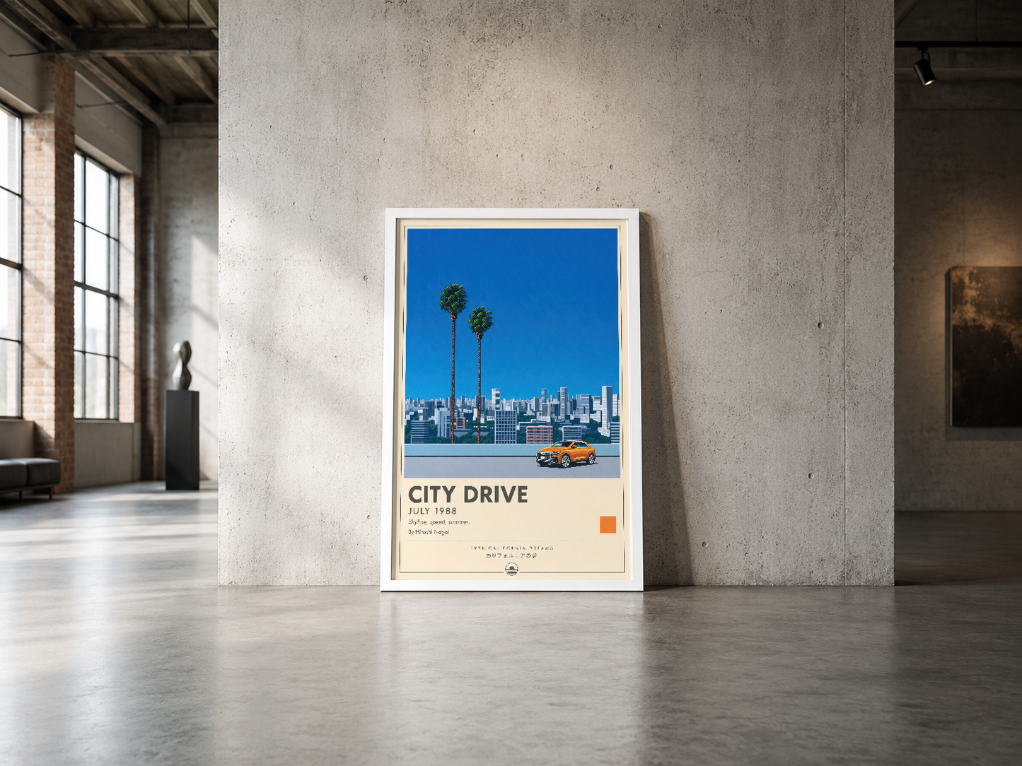 Vintage City Drive tablosu, endüstriyel betonlu mekanda sergilenen nostaljik şehir sahnesi ve klasik araba tasarımı.