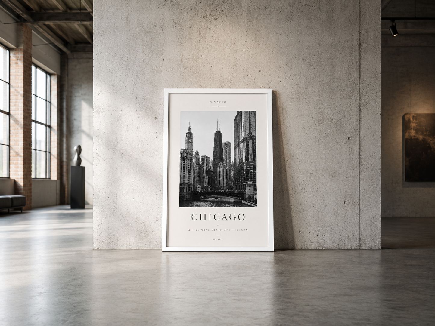 Chicago skyline'ı minimalist beyaz çerçevede gösteren siyah beyaz poster, endüstriyel mekanda.