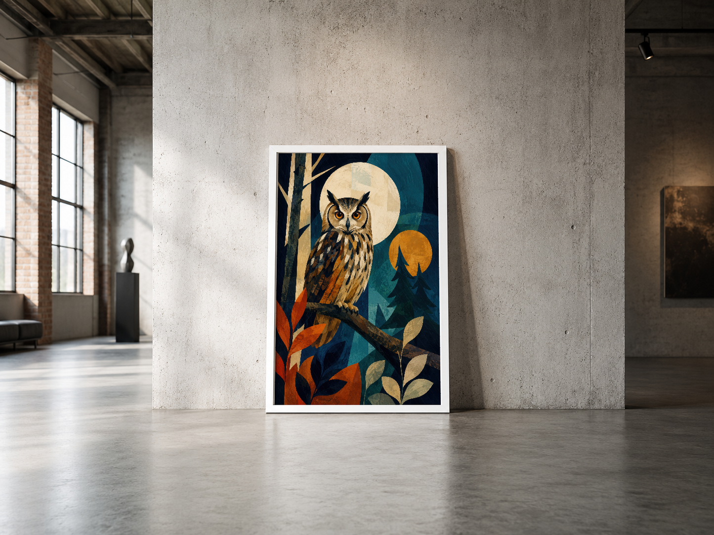 Siyah çerçeveli sanat eseri, baykuş konsepti, renkli ay tasarımı, endüstriyel alanda sergilenen poster.
