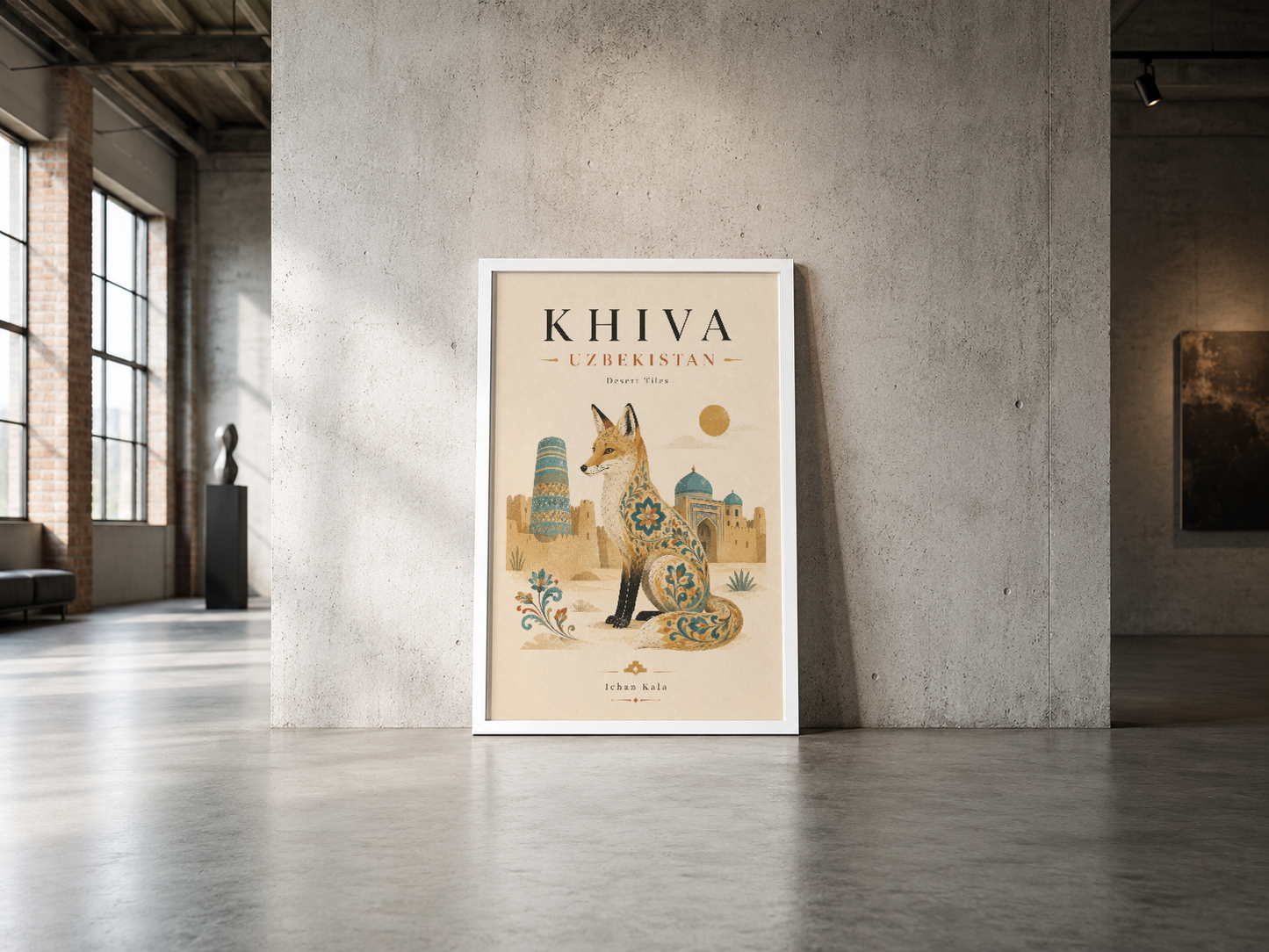 Khiva şehri illüstrasyonlu poster, endüstriyel loft tarzı geniş alanda minimalist bir şekilde sergilenmektedir.