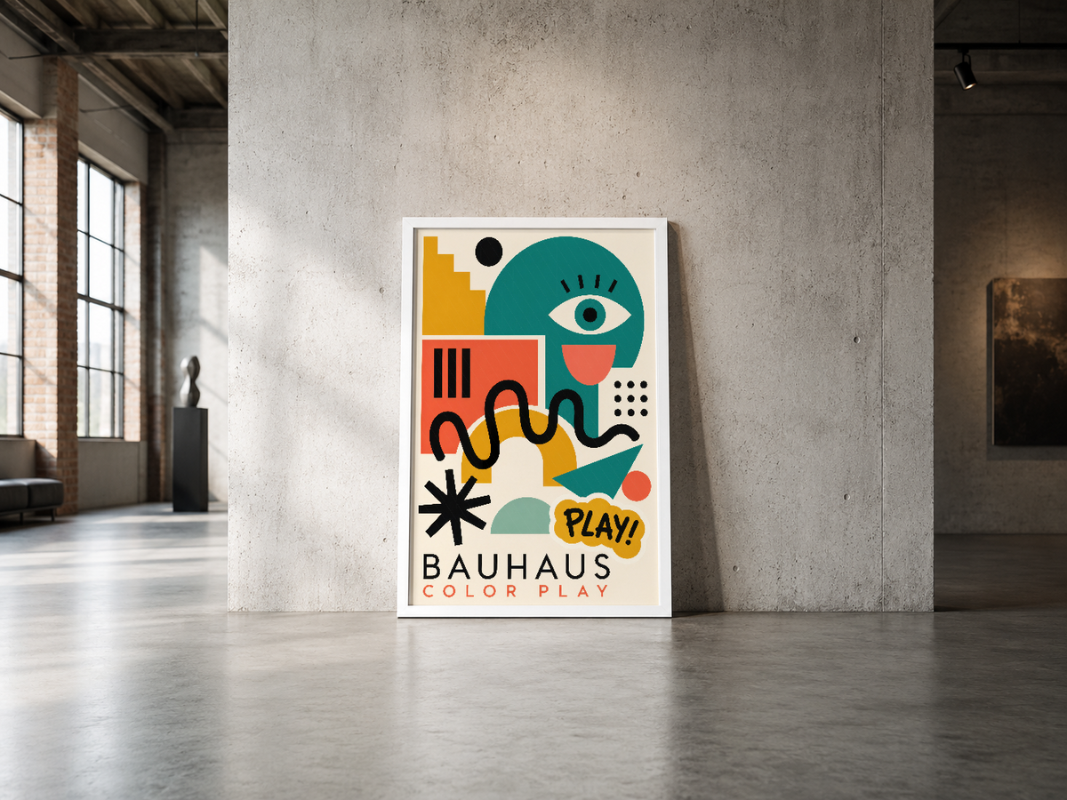 Bauhaus Color Play posteri, cesur renkli kompozisyon ve sembolik formlarla minimalist endüstriyel alanları dönüştürür.
