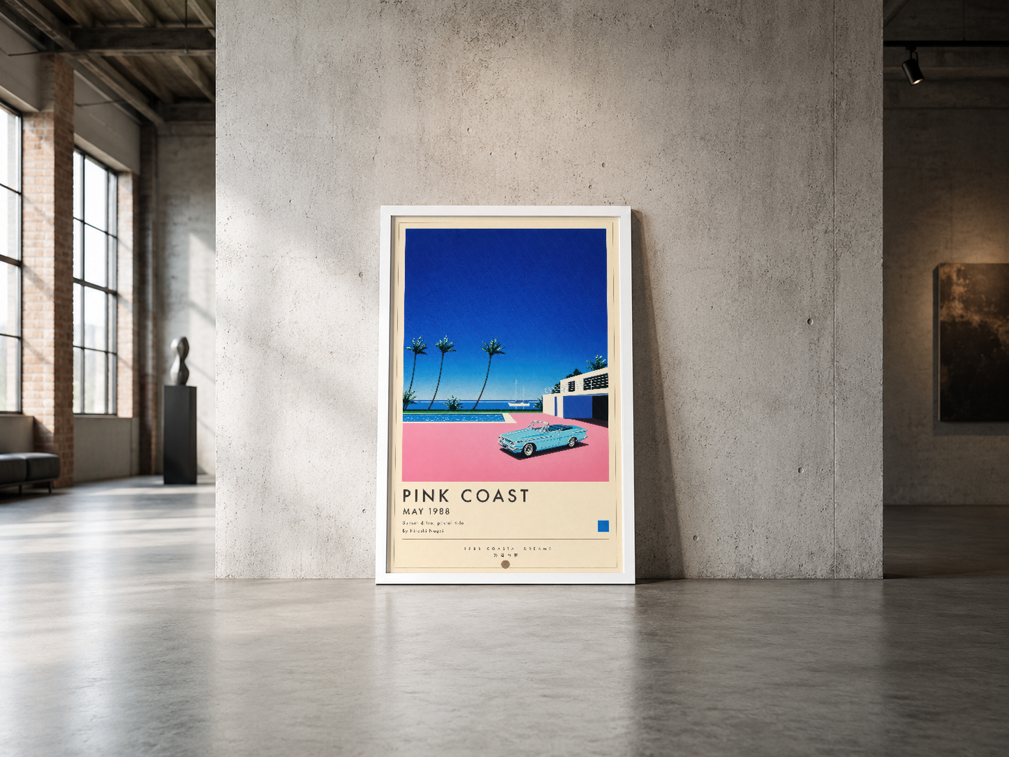 Vintage stil Pink Coast posteri, beyaz çerçeveliyle endüstriyel alanında sergilenen açık havada yaşam hissi veren sanat