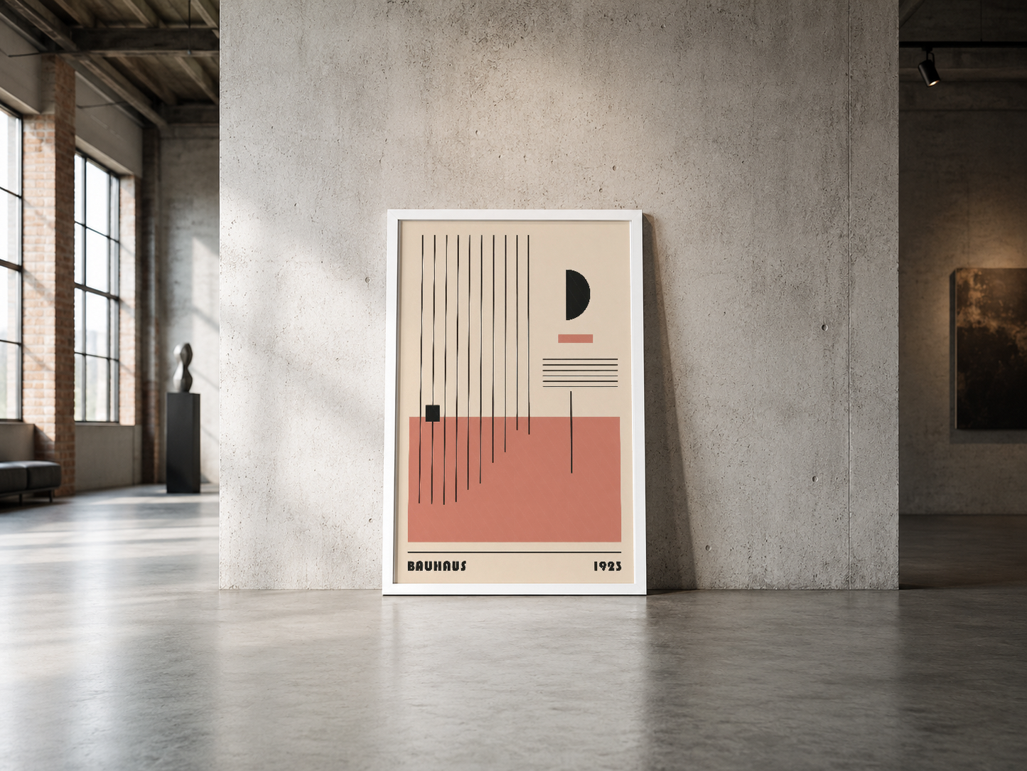 Minimalist Bauhaus tasarım, endüstriyel beton duvarla contrast oluşturan şık bir sanat tablosu.