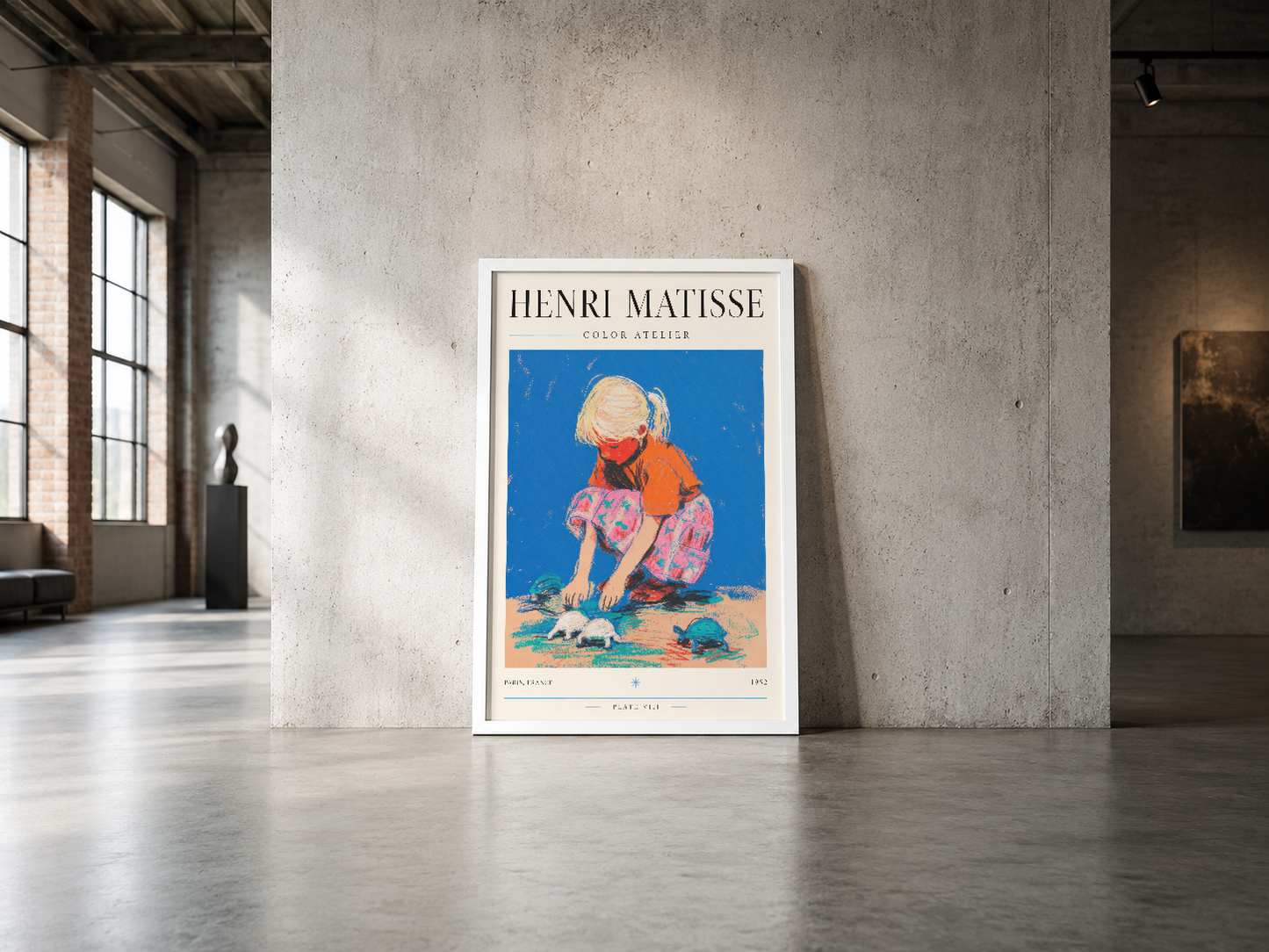 Matisse'in renkli çocuk figürü posteri, modern galeri ortamında, minimalist beyaz çerçeveli sergileme.