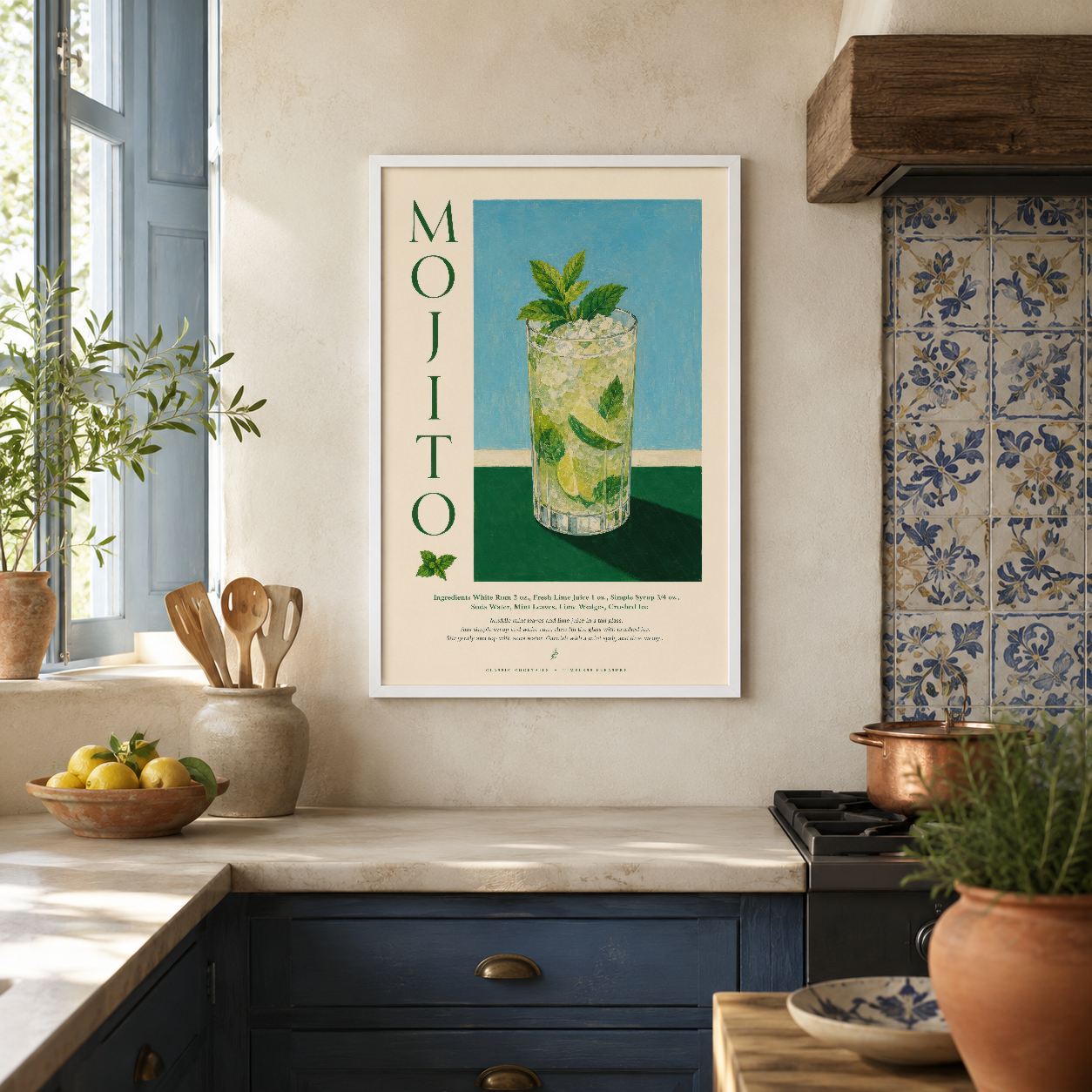 Vintage mojito posteri, beyaz çerçevede, rustik mutfak ortamında sanatsal içecek ilustrasyonuyla şık bir vurgu oluşturuyor.