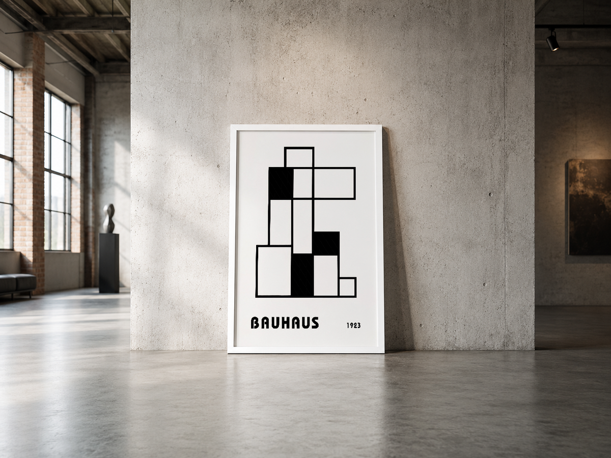Siyah beyaz Bauhaus compostion posteri, endüstriyel mekan duvarında minimalist sanat eseri olarak sergileniyor.