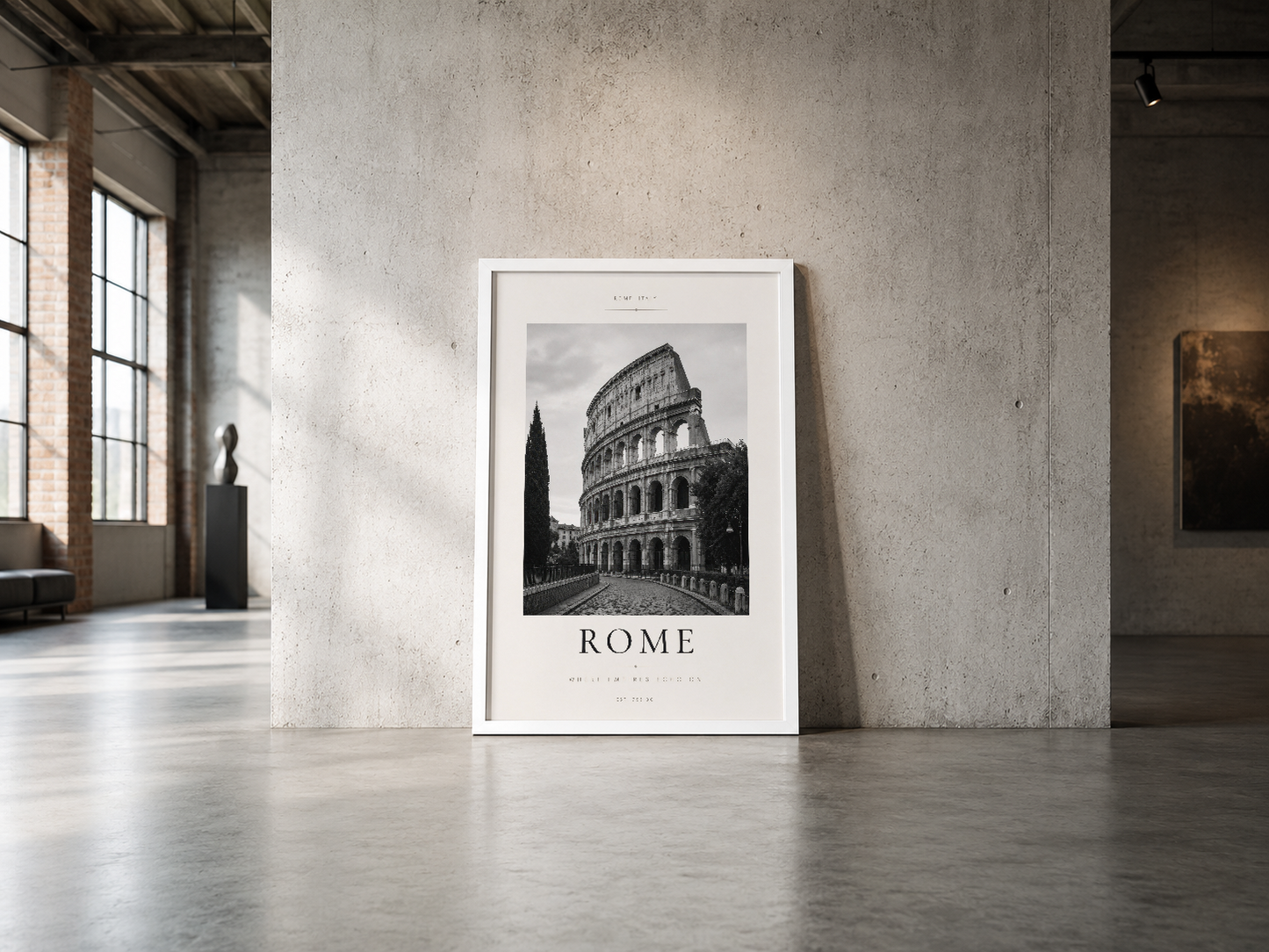 Roma'nın tarihî mimarisini konu alan, beyaz çerçeveli poster formatında sunulan, endüstriyel ortamlara uyumlu tablo.