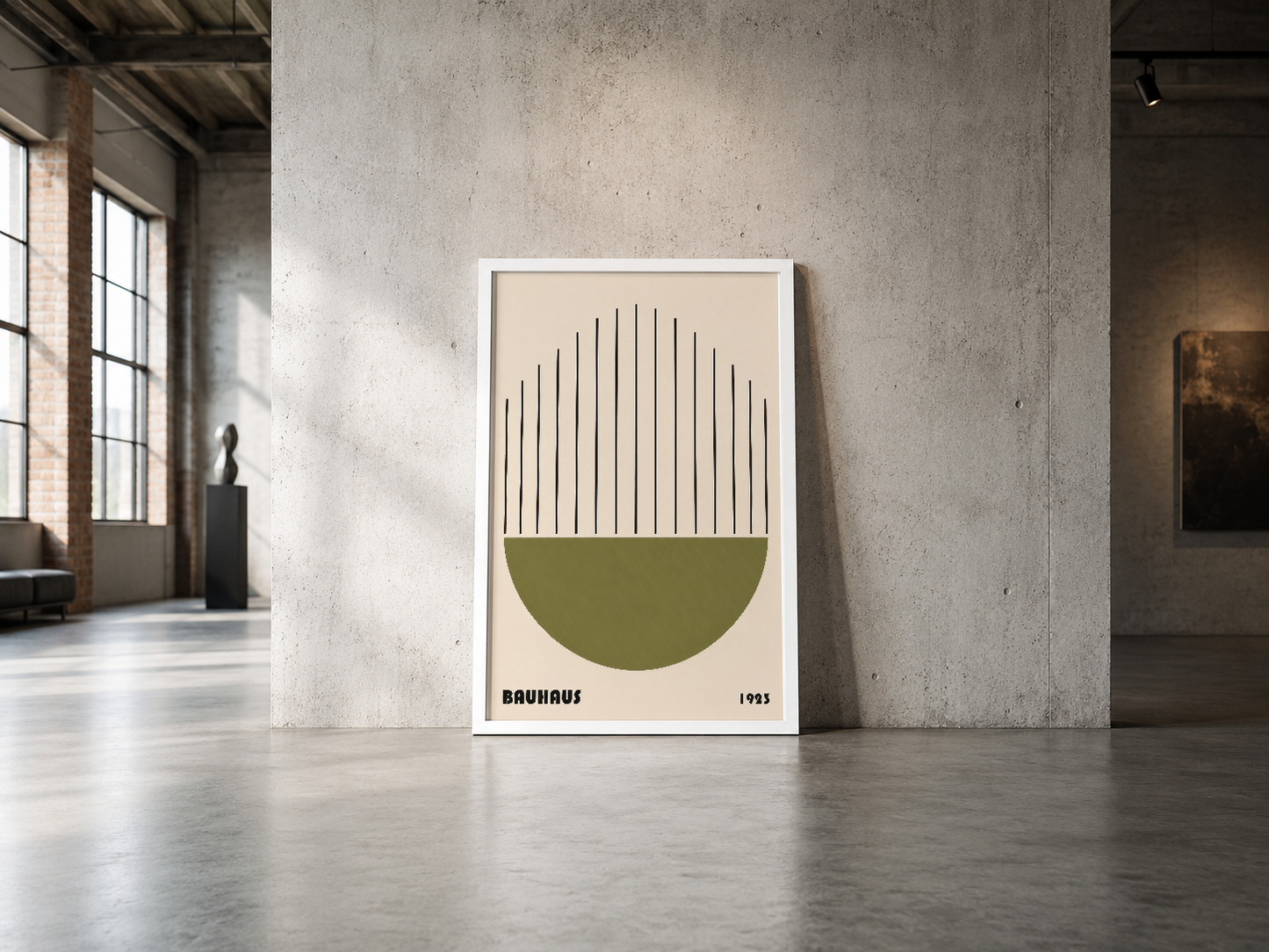 Minimalist Bauhaus estetik, geometrik çizgiler ve yumuşak yeşil renk tonuyla endüstriyel bir mekanda başarılı bir sanat