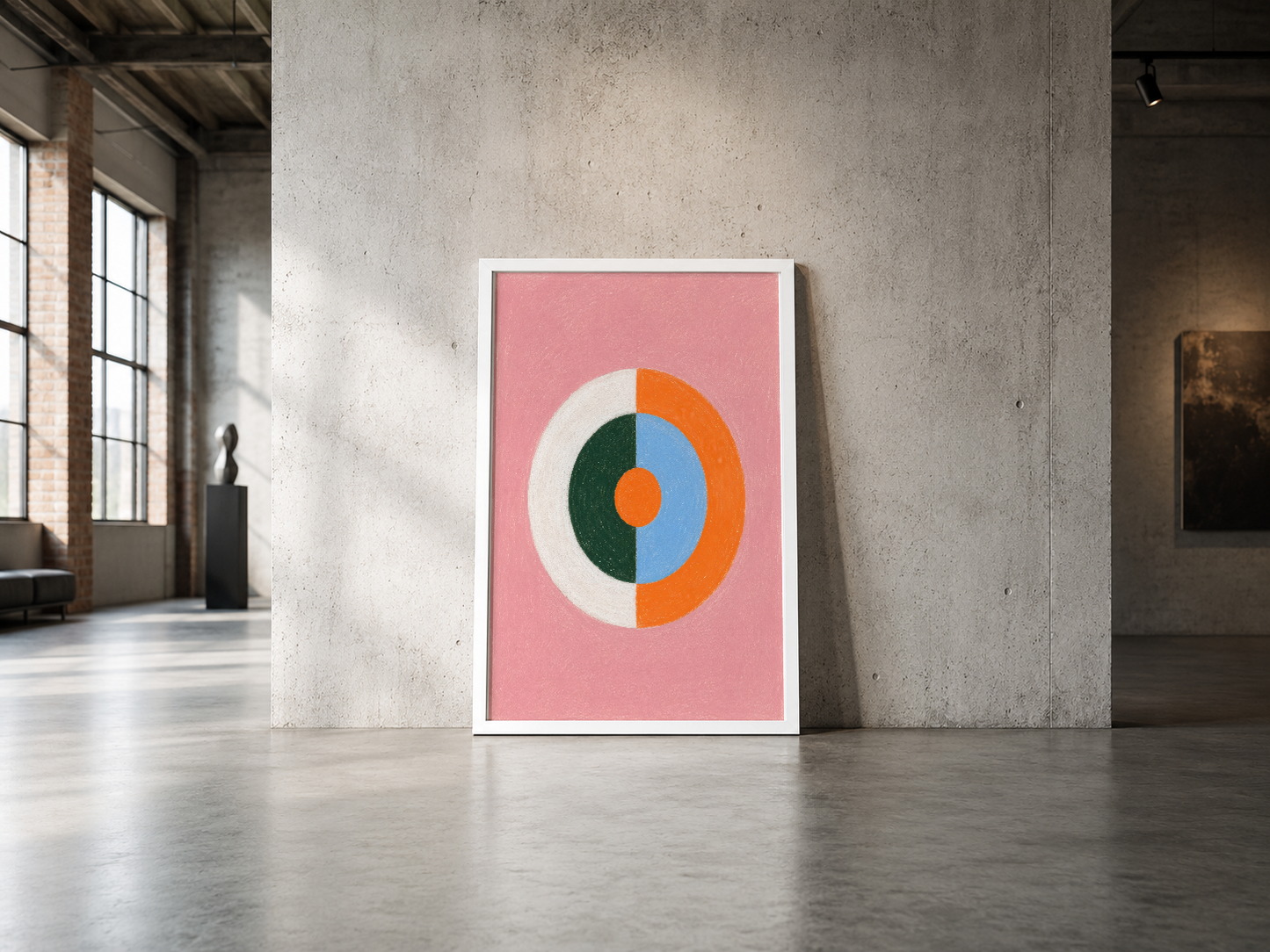 Renkli segmentli daire deseni pembe arka plana beyaz çerçevede, çağdaş sanat tablosu.