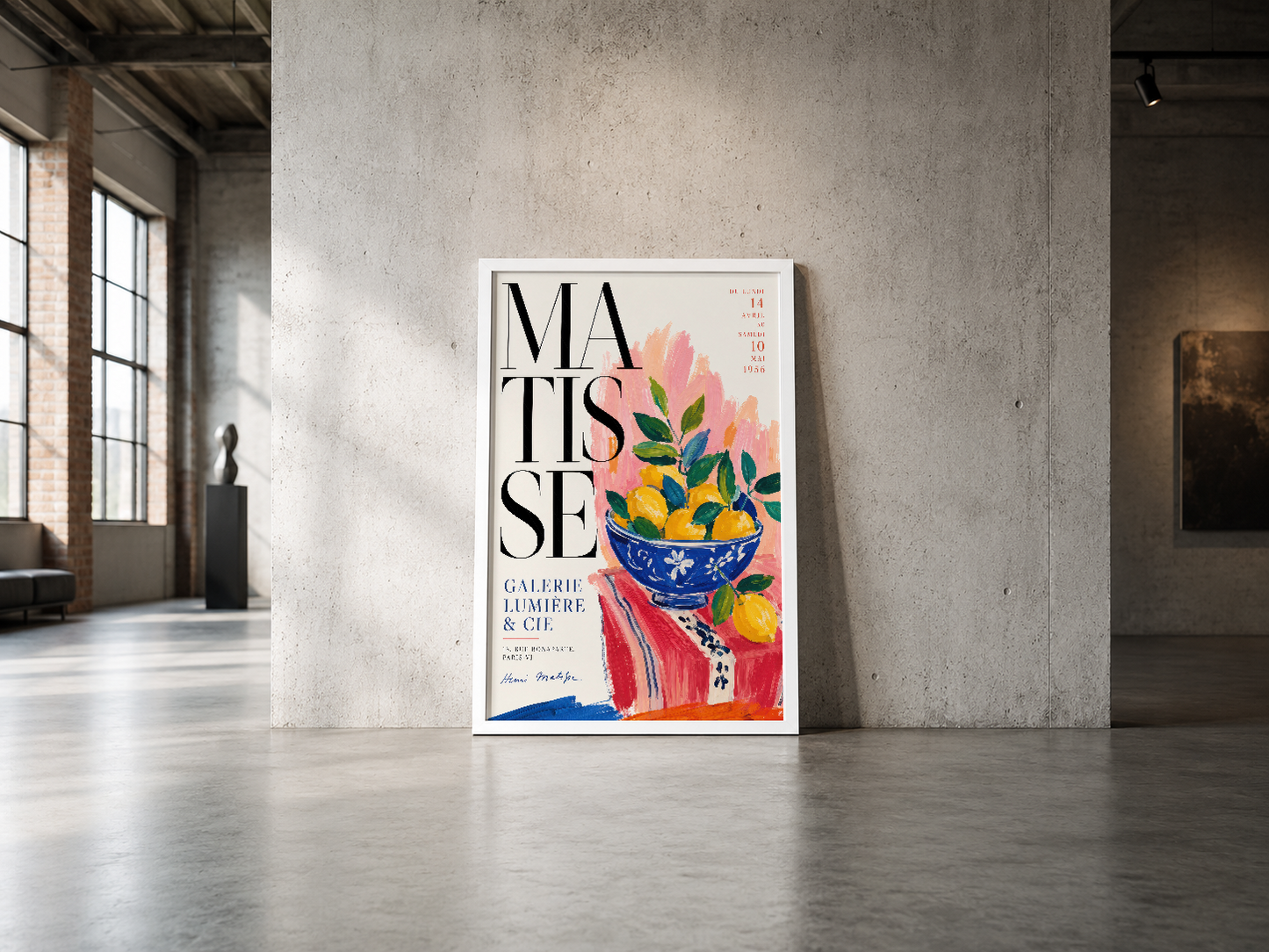 Matisse esinli çiçek ve vazo motifli sanat posteri, siyah çerçeveli, endüstriyel mekanlarda maksimal etki.