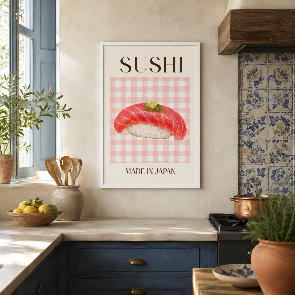 Zarif beyaz çerçeveli, pembe kareli tasarımda başlık sushi posteri mutfak duvarında sergileniyor.