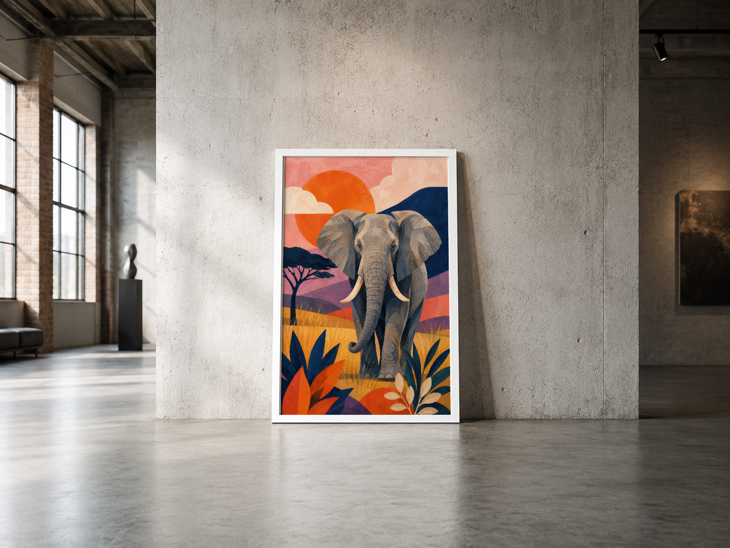 Sanat deco stilinde fil tasarımı, turuncu güneş ve mavi tonlarıyla endüstriyel mekan duvarına vurucu görünüm sağlayan poster.