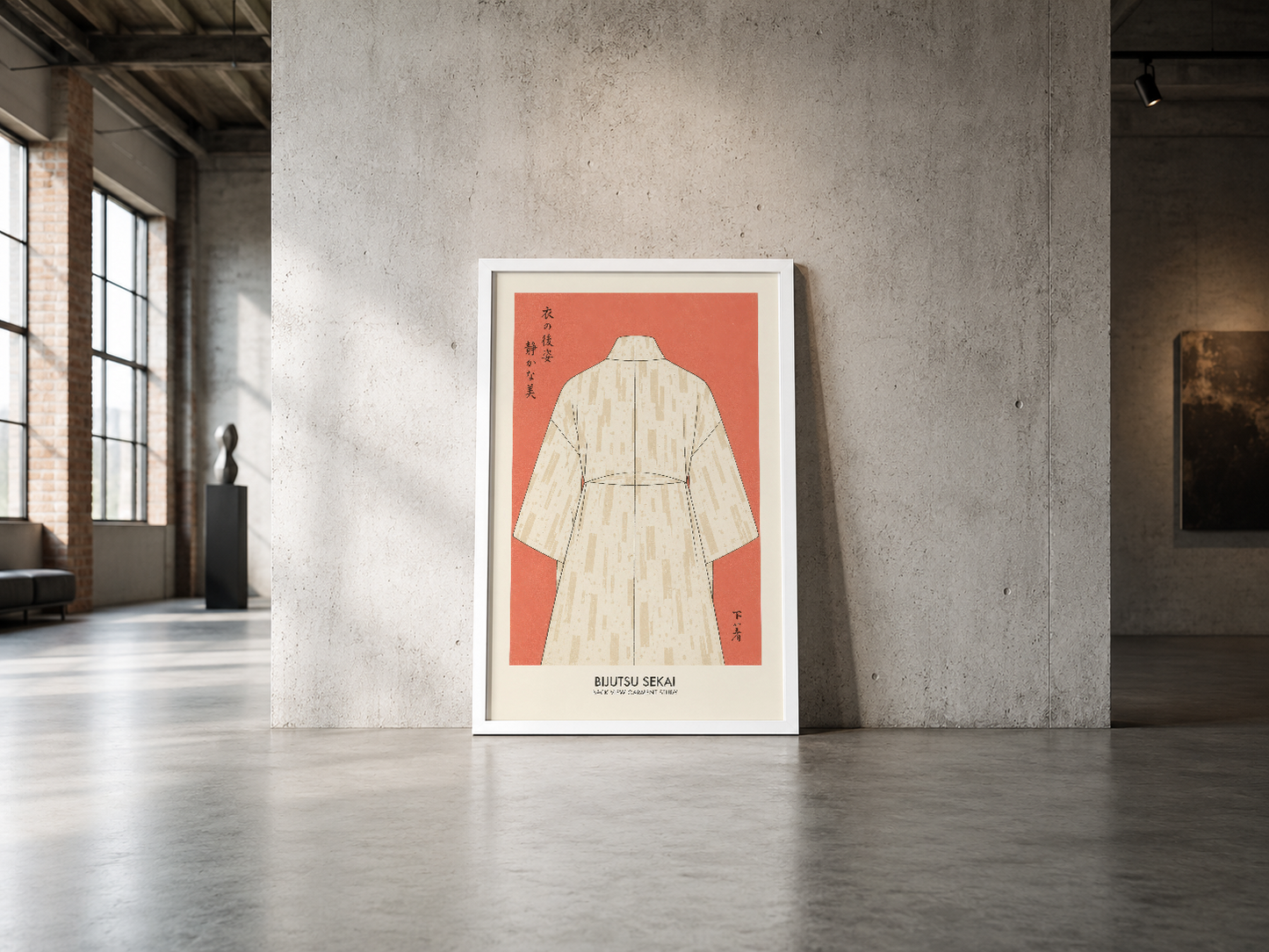 Yumuşak renkli kimono illüstrasyonu mercan tonunda, endüstriyel alanda çerçevesiz sunulan zarif Doğu-tasarımı poster.