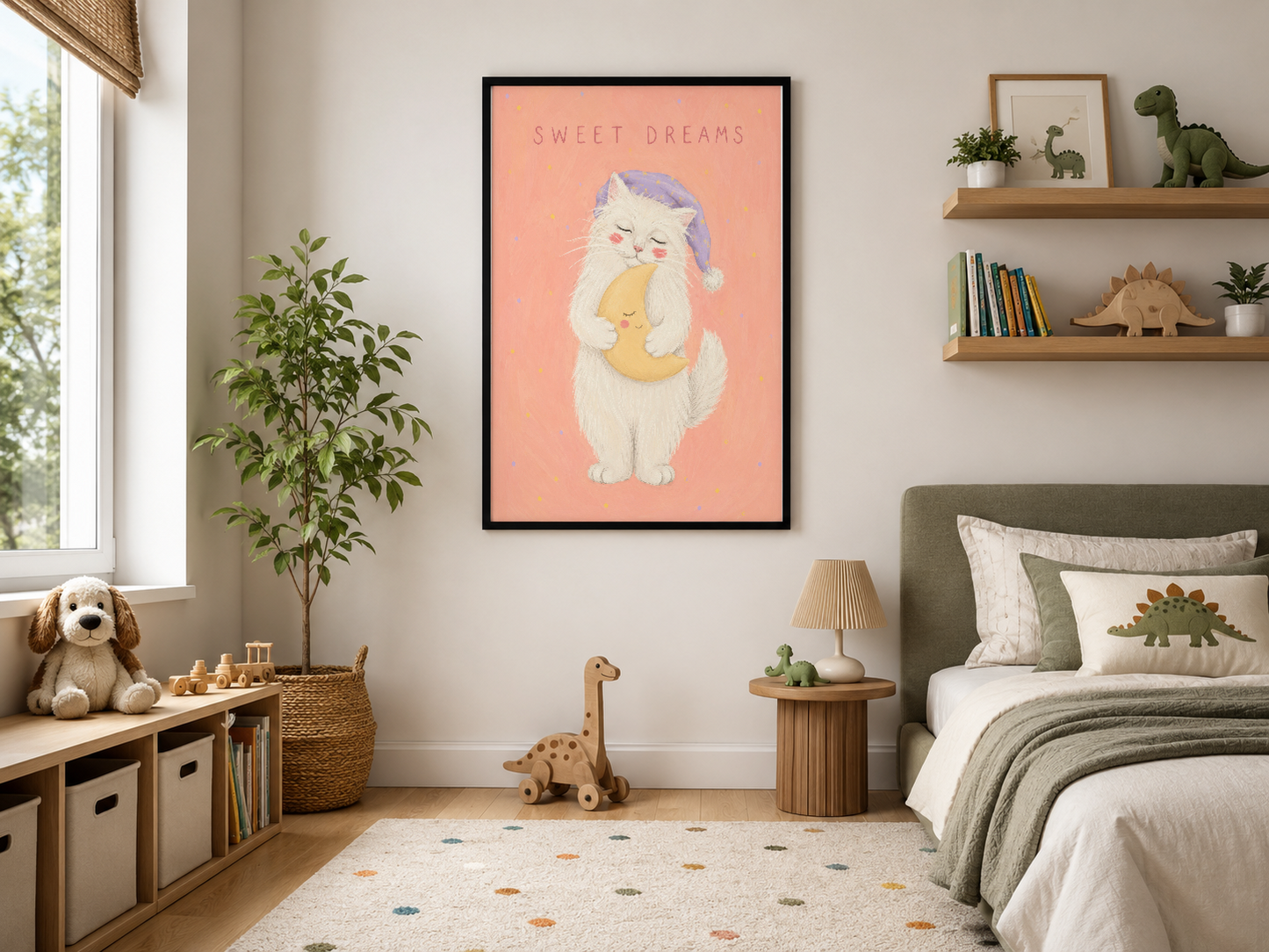 Siyah çerçeveli, pembe arkaplan üzerine mor başlıklı sevimli kedi tasarımı, modern yatak odasında.
