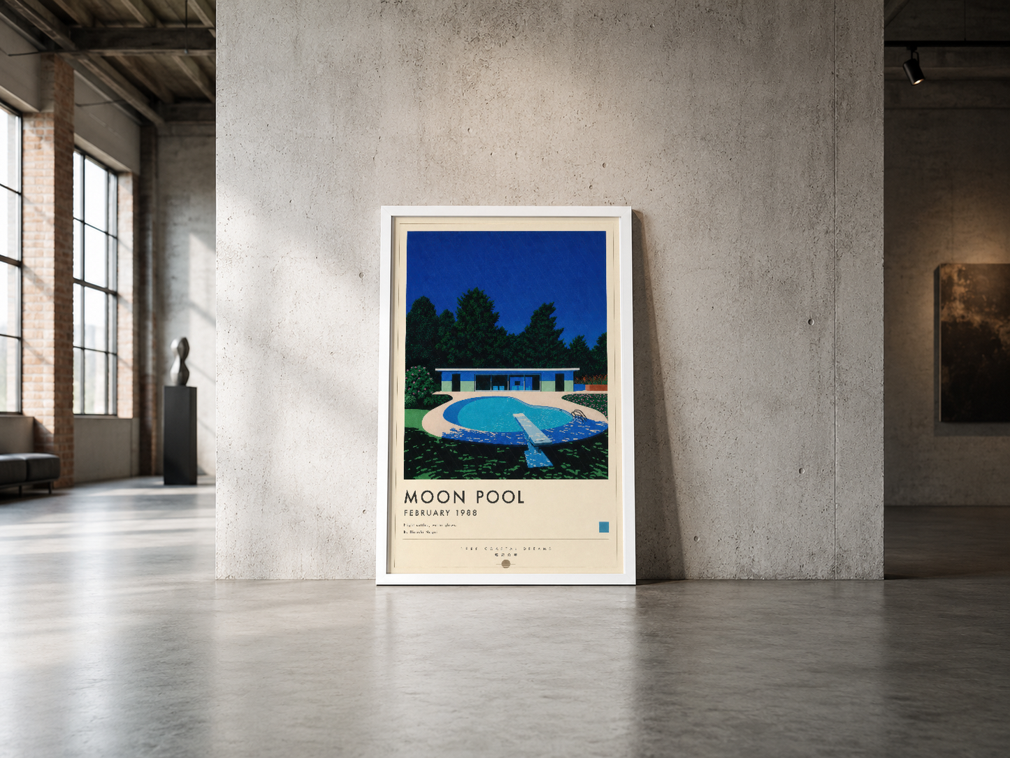 Moon Pool temalı vintage stilden ilham alan poster, endüstriyel iç mekanın minimalist duvarında sergileniyor.