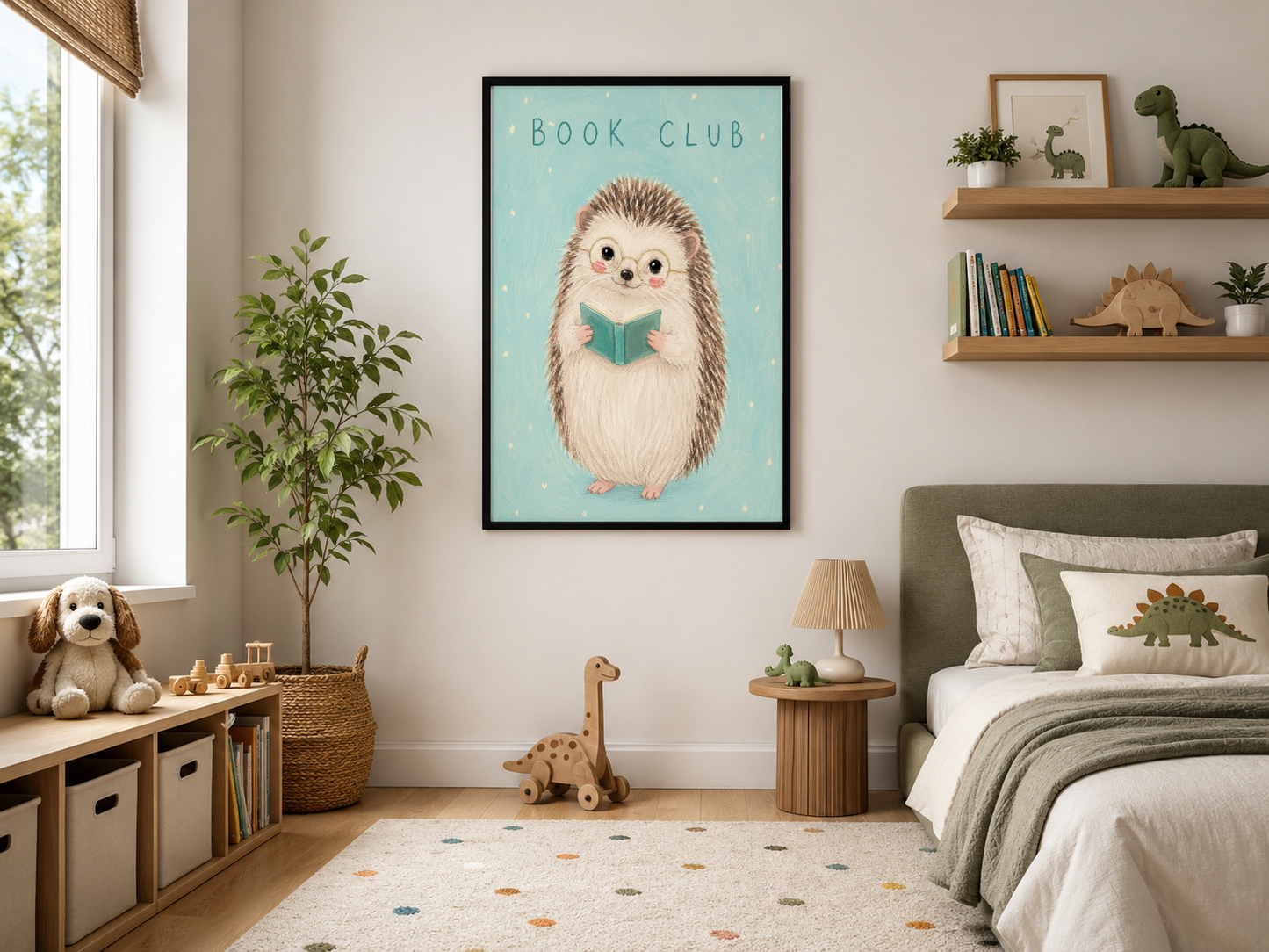 Kitap tutan kirpi figürünün siyah çerçeveli modern posterinin odada sergilenmesi.