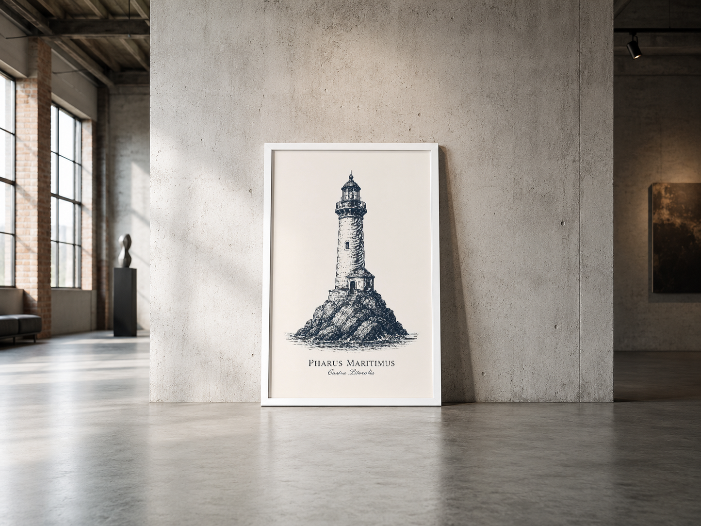 Pharus Maritimus feneri çizimi, beyaz çerçeveli poster endüstriyel mekanda minimalist dekorasyonu tamamlamaktadır.