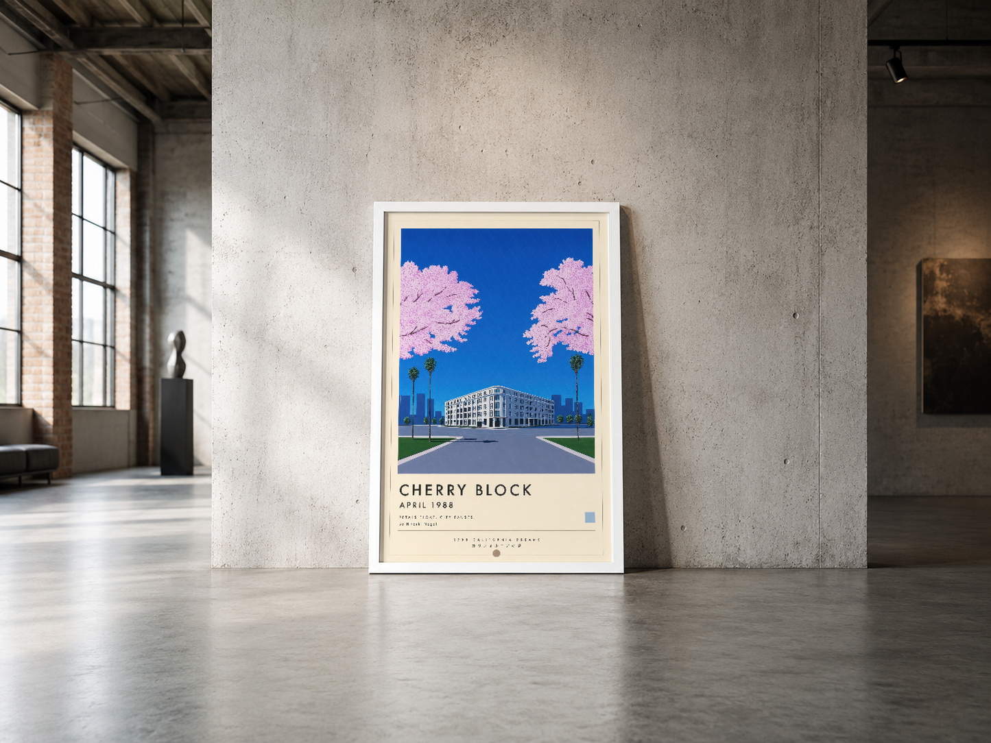 Retro stil Cherry Block tasarım tablosu, endüstriyel loft mekanında beyaz çerçevede.
