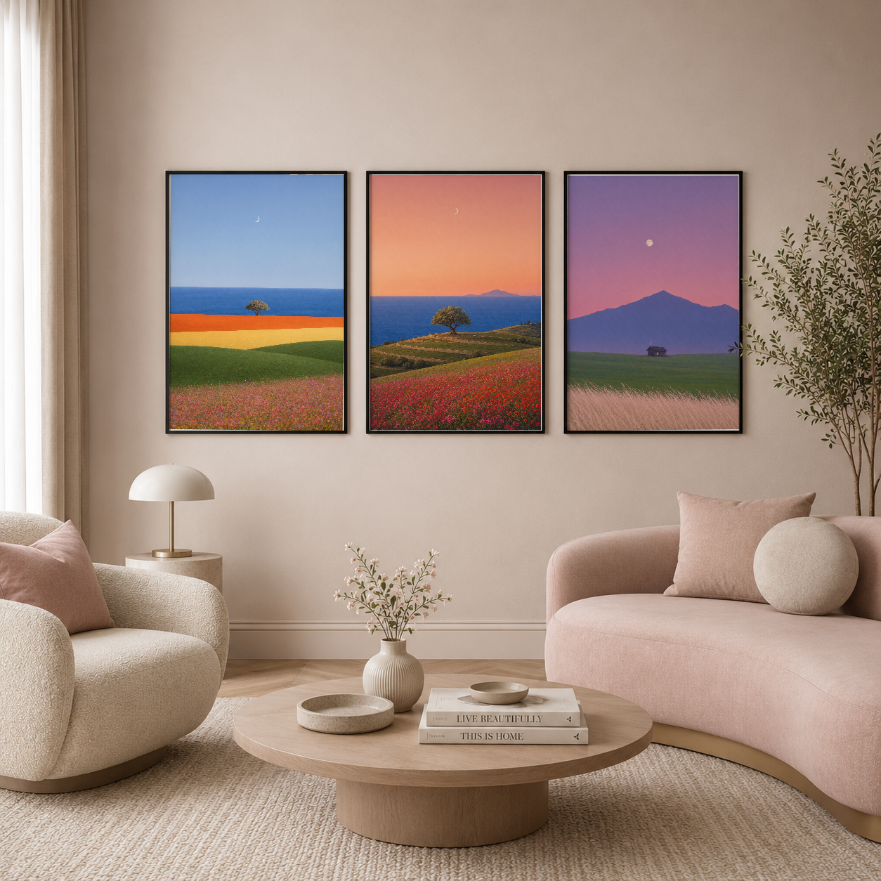 Çerçeveli triptik tablo, parlak renklendirme ile oda dekorasyonunda sanat eseri hissi yaratır.