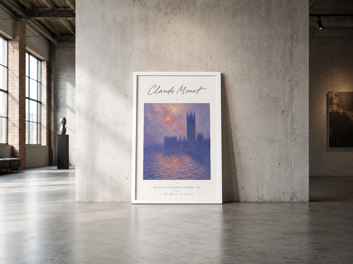 Monet'nin ikonik Parlamento tablosu, beyaz çerçeveli poster, endüstriyel alanda sergilenmiş.