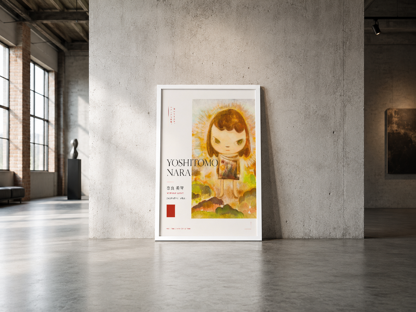 Modern minimalist alanda sergilenen, sıcak renkli Japon inspireran portre posteri, şık çerçeve içinde.